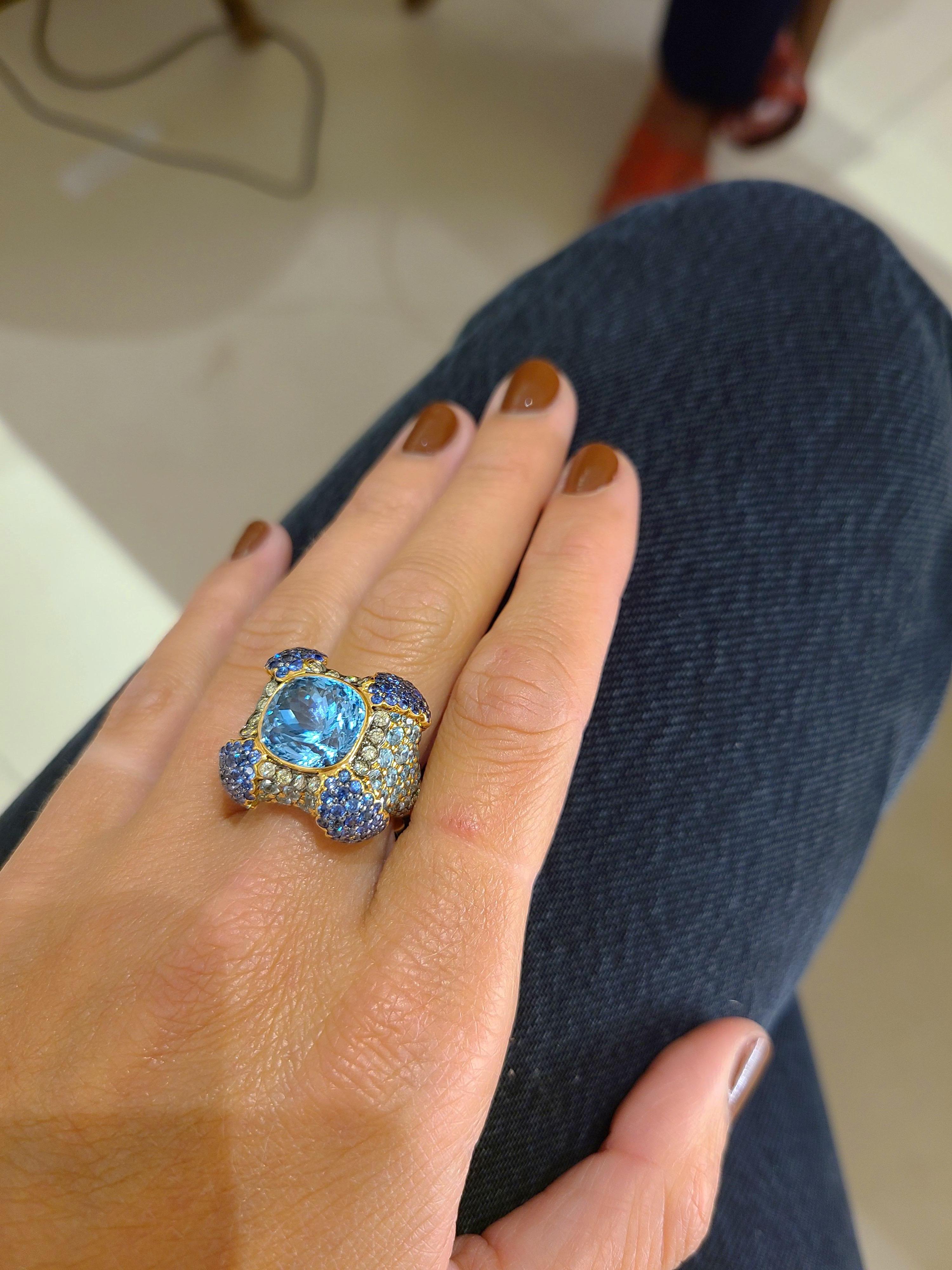Zorab Bague en or rose 18 carats avec topaze bleue, diamants, saphirs et zircons en vente 4