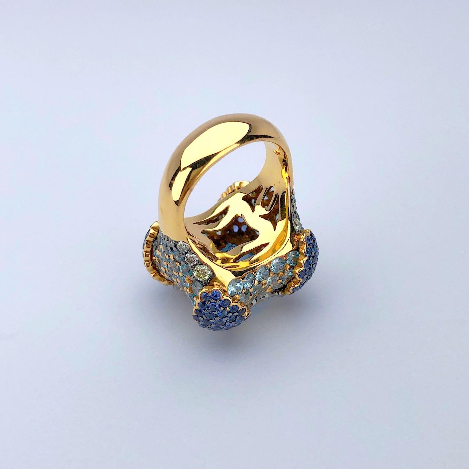Zorab Bague en or rose 18 carats avec topaze bleue, diamants, saphirs et zircons en vente 3