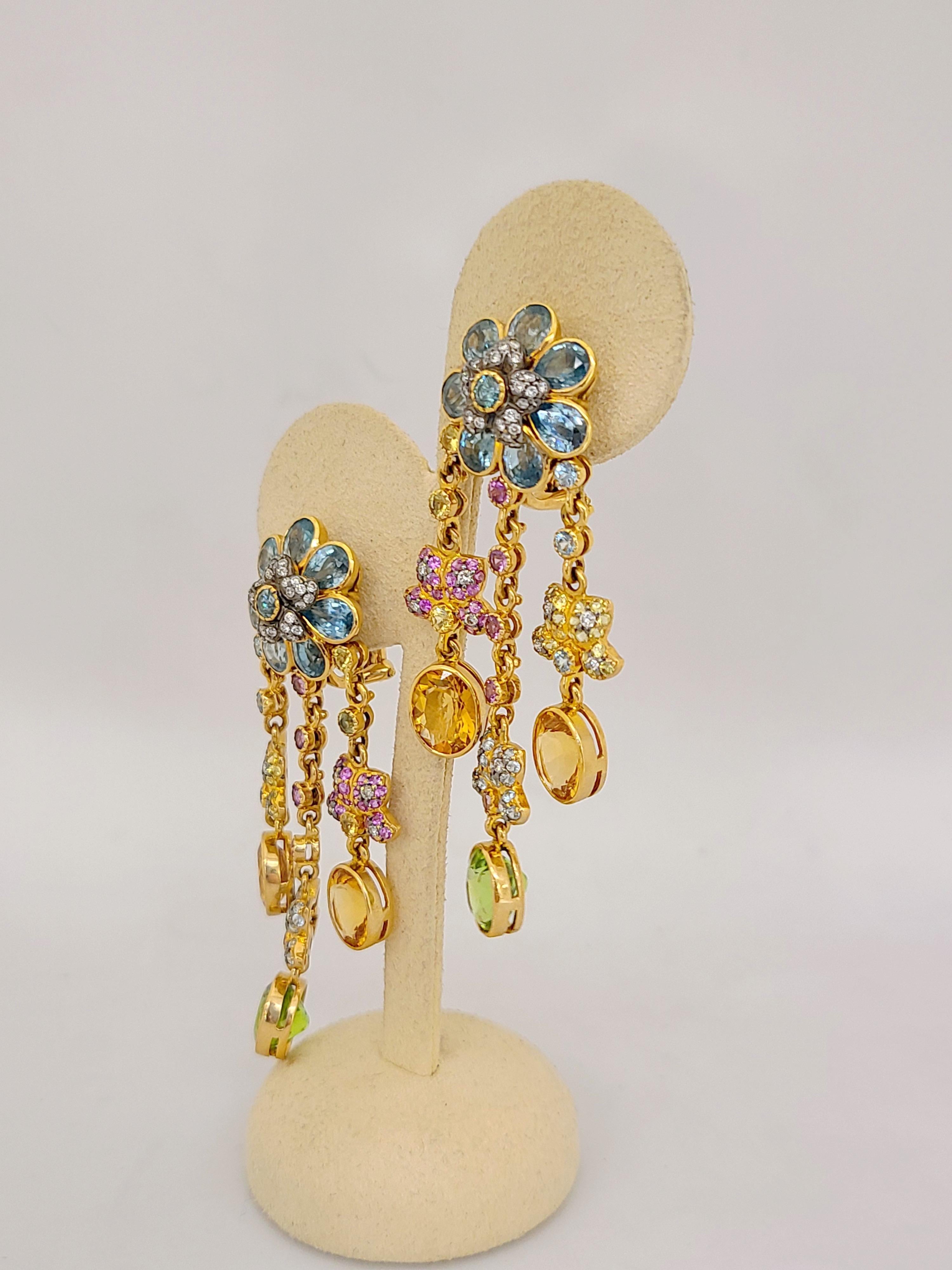 Zorab 18 Karat Gold, Pink and Yellow Sapphire, Diamond, Semi-Precious Earrings For Sale 1
