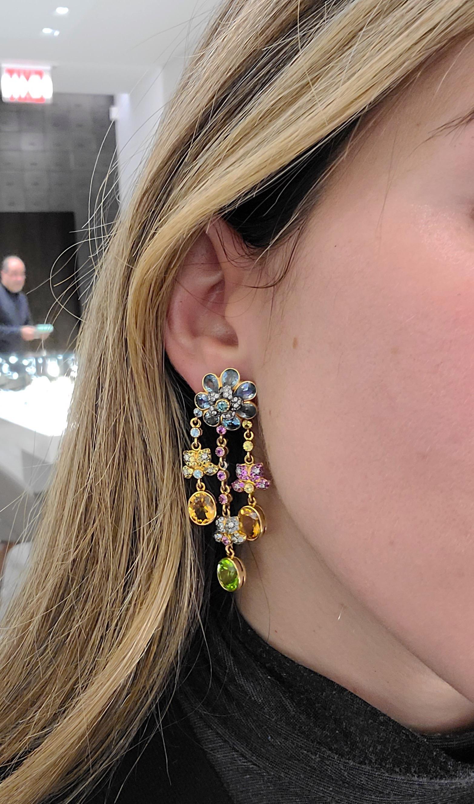 Moderne Zorab Boucles d'oreilles semi-précieuses en or 18 carats, saphirs roses et jaunes et diamants en vente