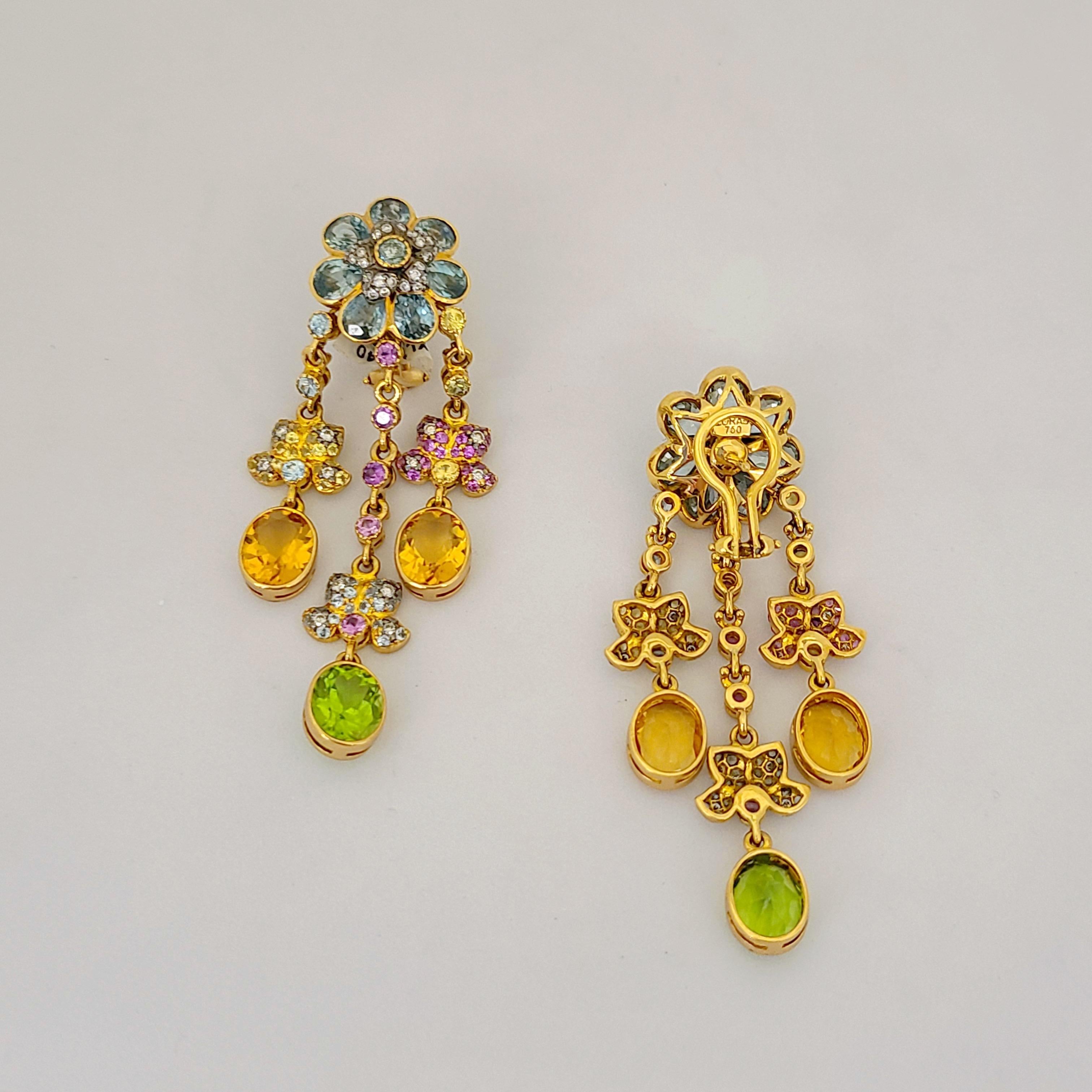 Pear Cut Zorab 18 Karat Gold, Pink and Yellow Sapphire, Diamond, Semi-Precious Earrings For Sale