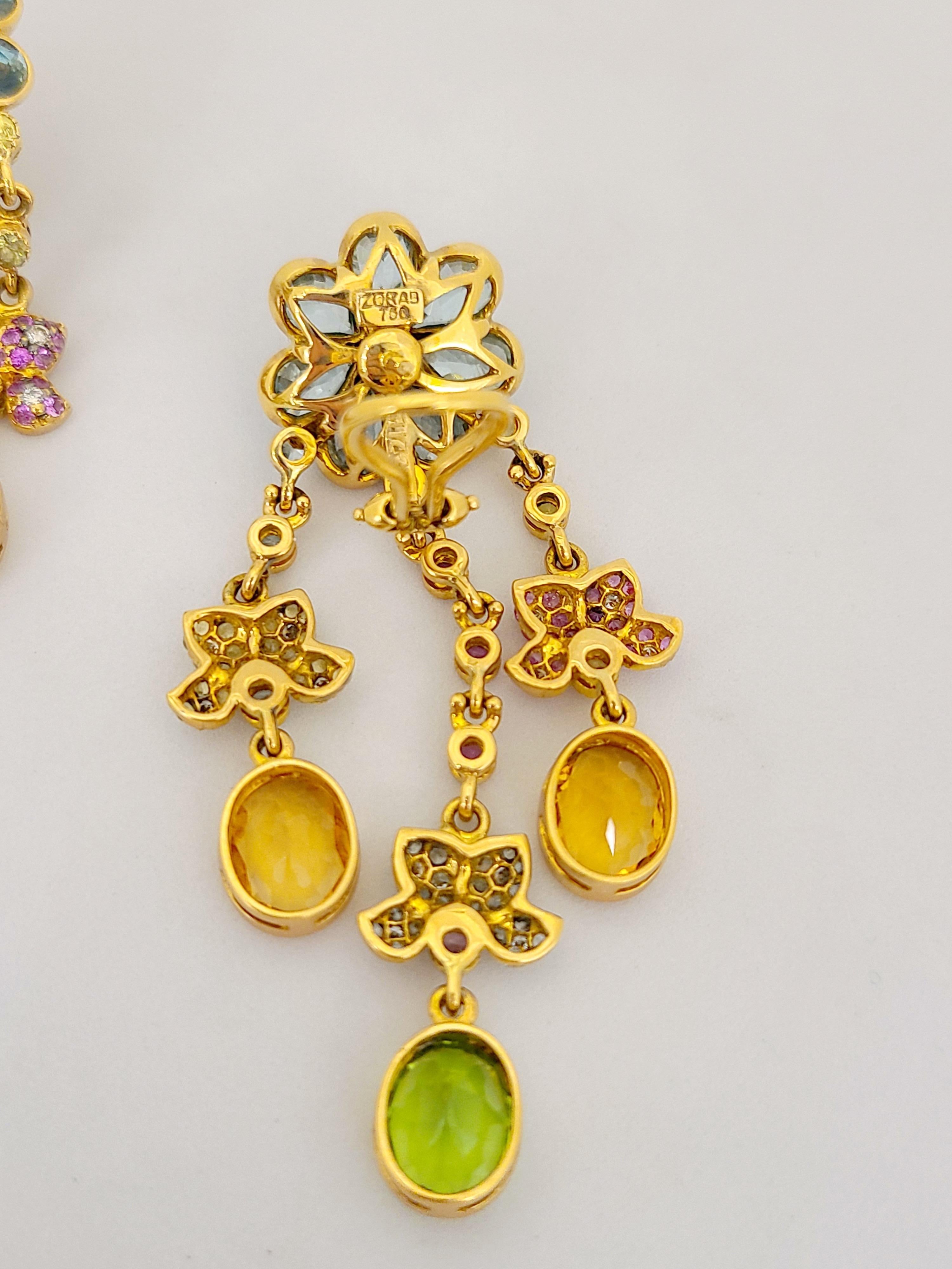 Zorab 18 Karat Gold, Pink and Yellow Sapphire, Diamond, Semi-Precious Earrings In New Condition For Sale In New York, NY
