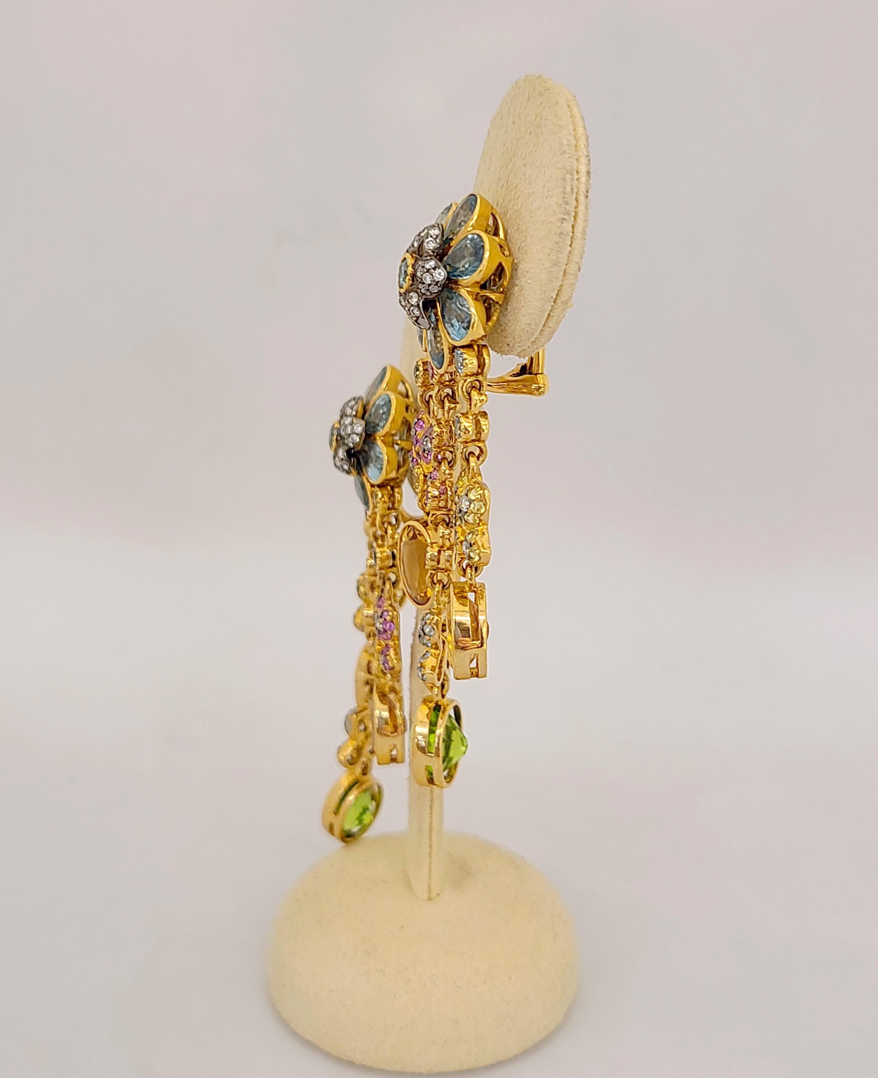 Zorab Boucles d'oreilles semi-précieuses en or 18 carats, saphirs roses et jaunes et diamants en vente 3