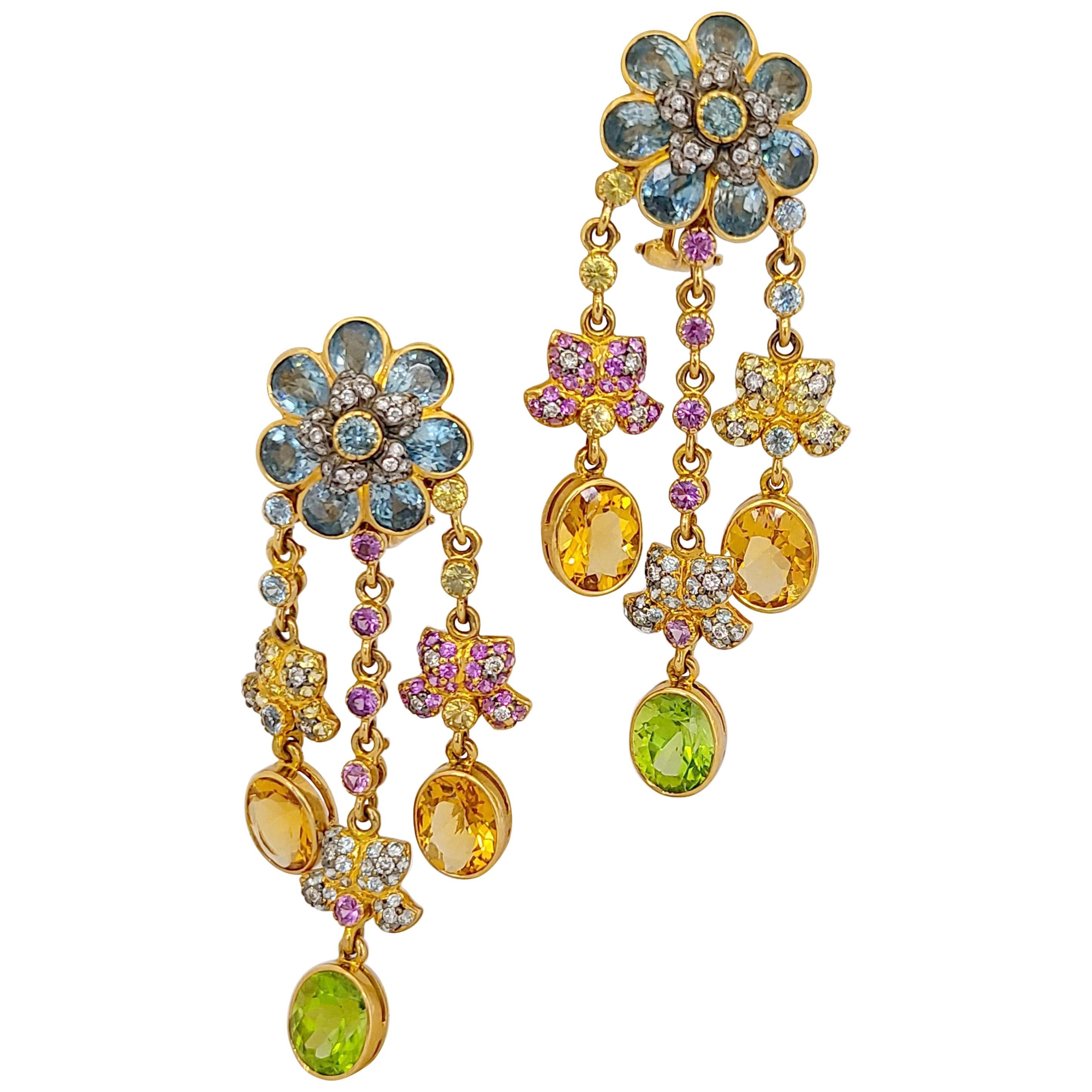 Zorab Boucles d'oreilles semi-précieuses en or 18 carats, saphirs roses et jaunes et diamants