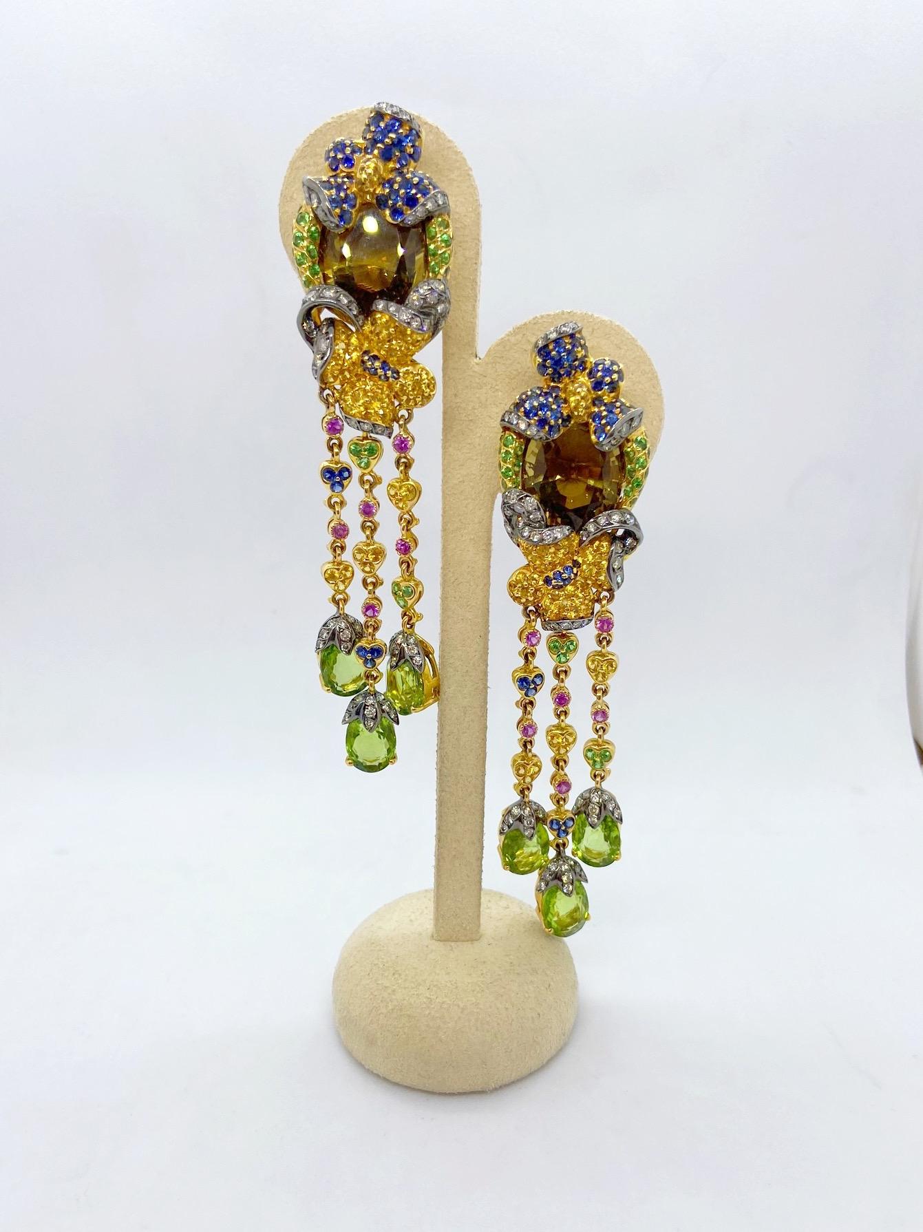 Contemporary Zorab 18 Karat Yellow Gold Scapolite, Diamond and Multicolored Sapphire Earrings