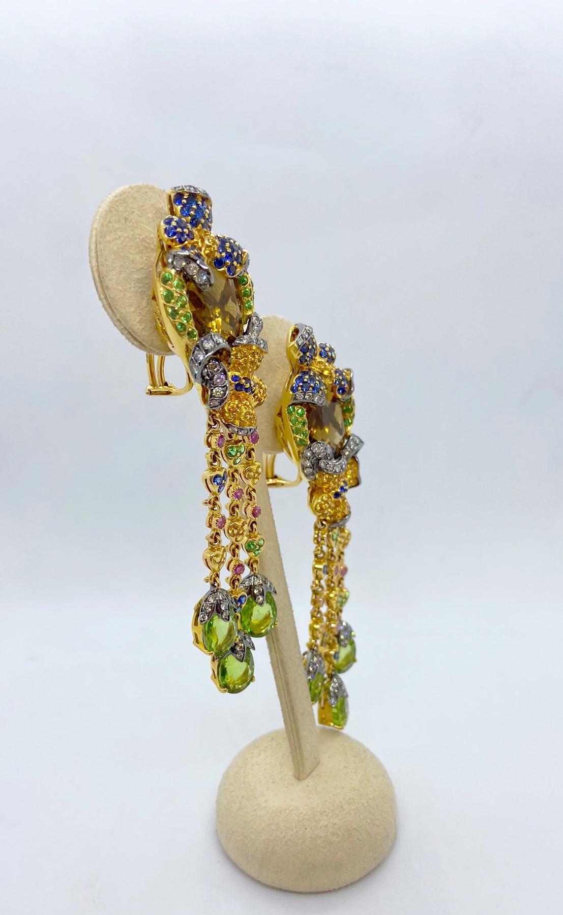 Oval Cut Zorab 18 Karat Yellow Gold Scapolite, Diamond and Multicolored Sapphire Earrings