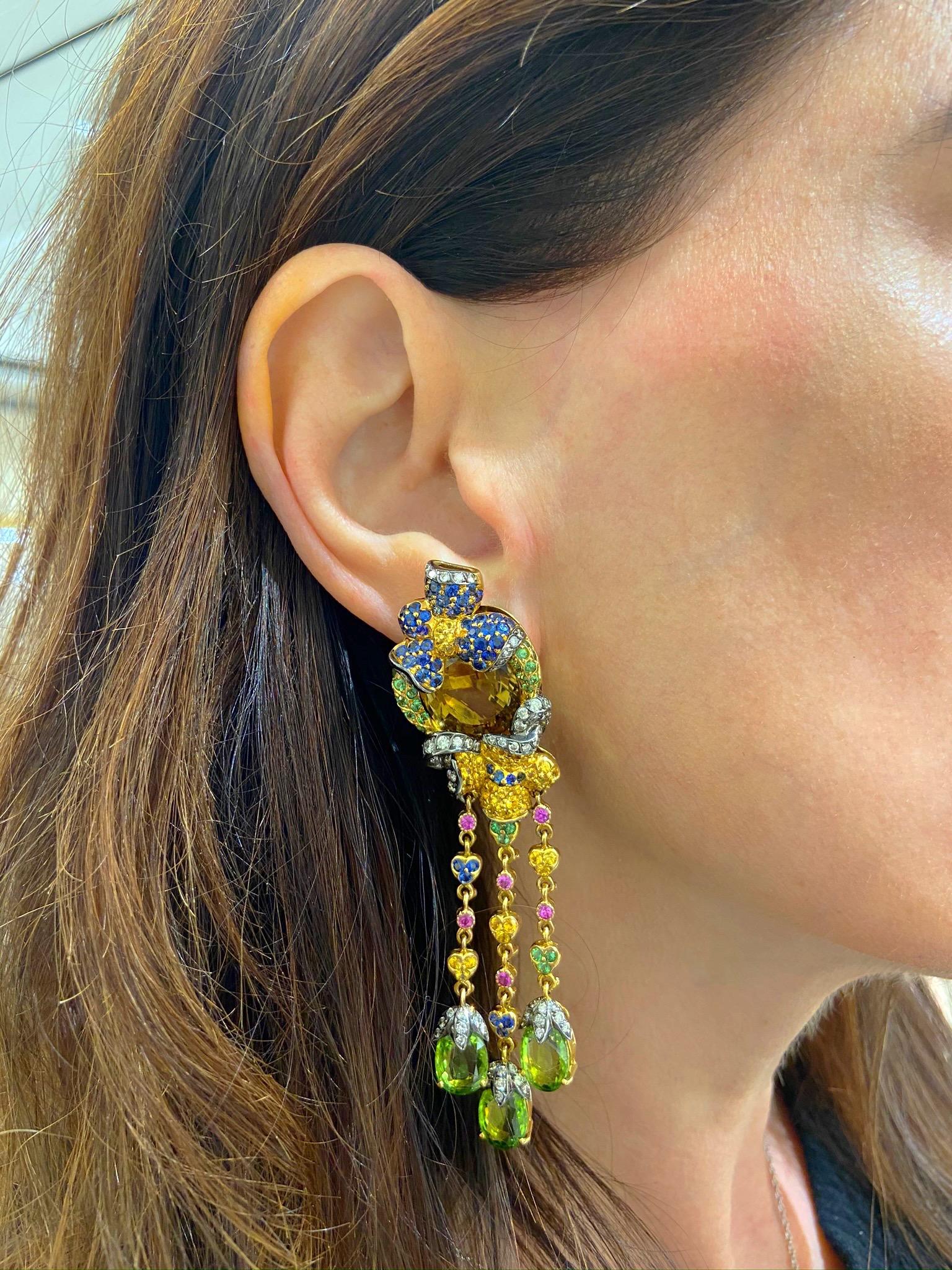 Women's or Men's Zorab 18 Karat Yellow Gold Scapolite, Diamond and Multicolored Sapphire Earrings