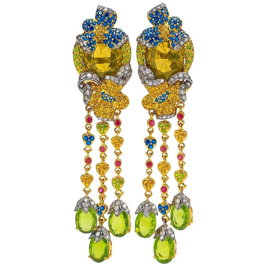Zorab 18 Karat Yellow Gold Scapolite, Diamond and Multicolored Sapphire Earrings