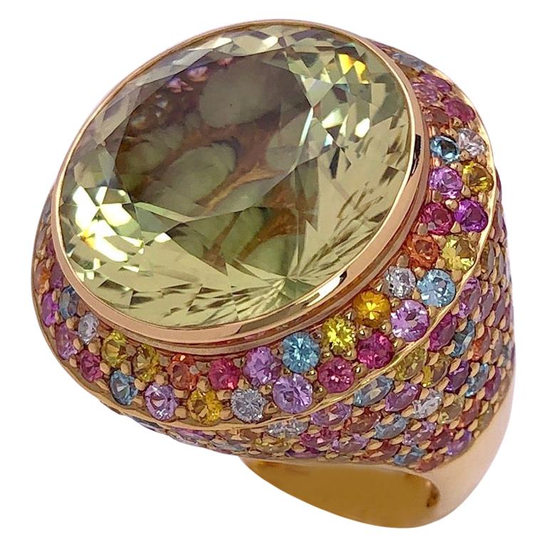 Zorab 18KT YG 28.59 Carat Scapolite Center Stone Ring with Rainbow Sapphires For Sale