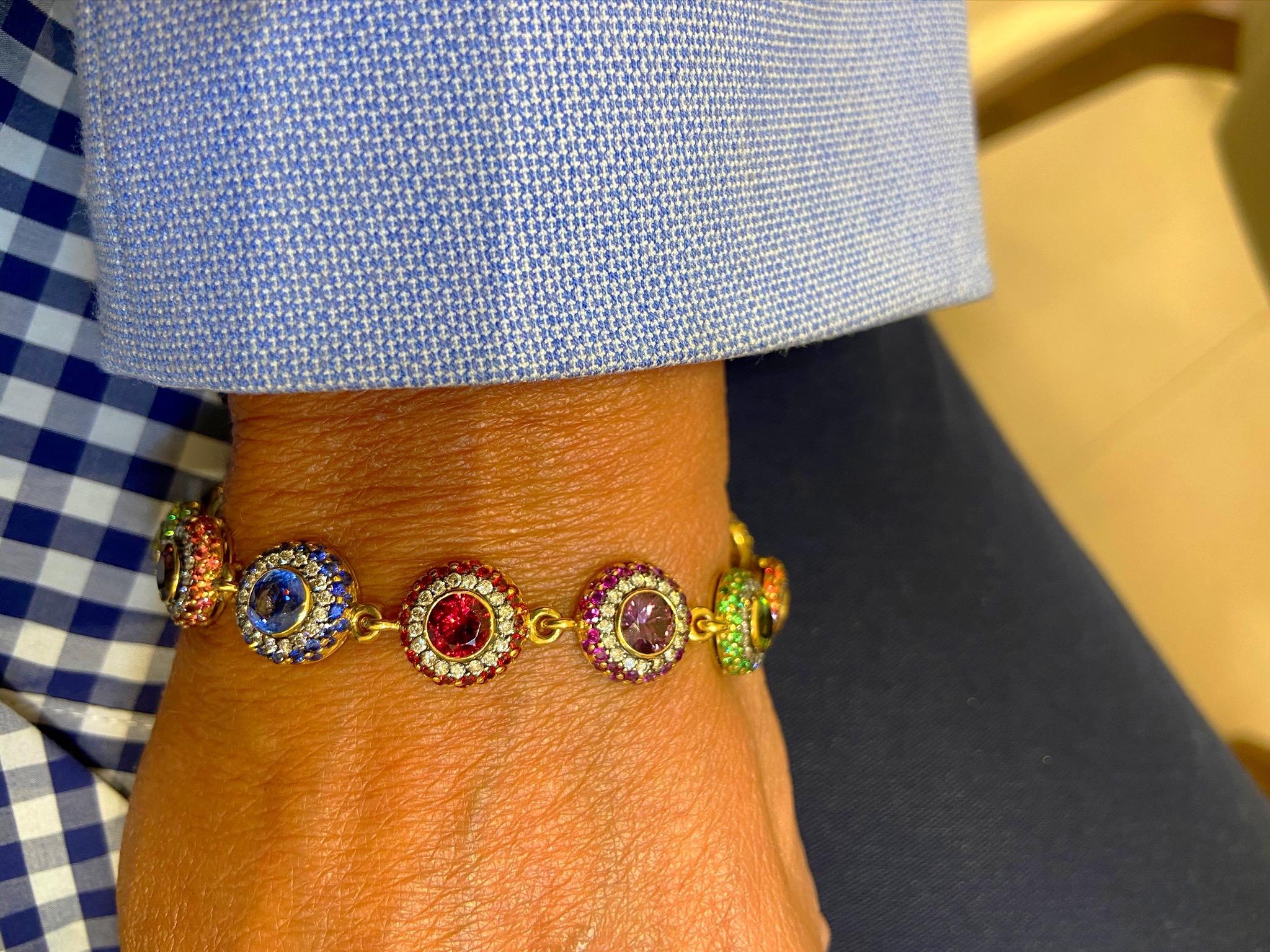 Round Cut Zorab 18Kt YG Bracelet with Diamonds, Multicolored Sapphires and Semi Precious For Sale