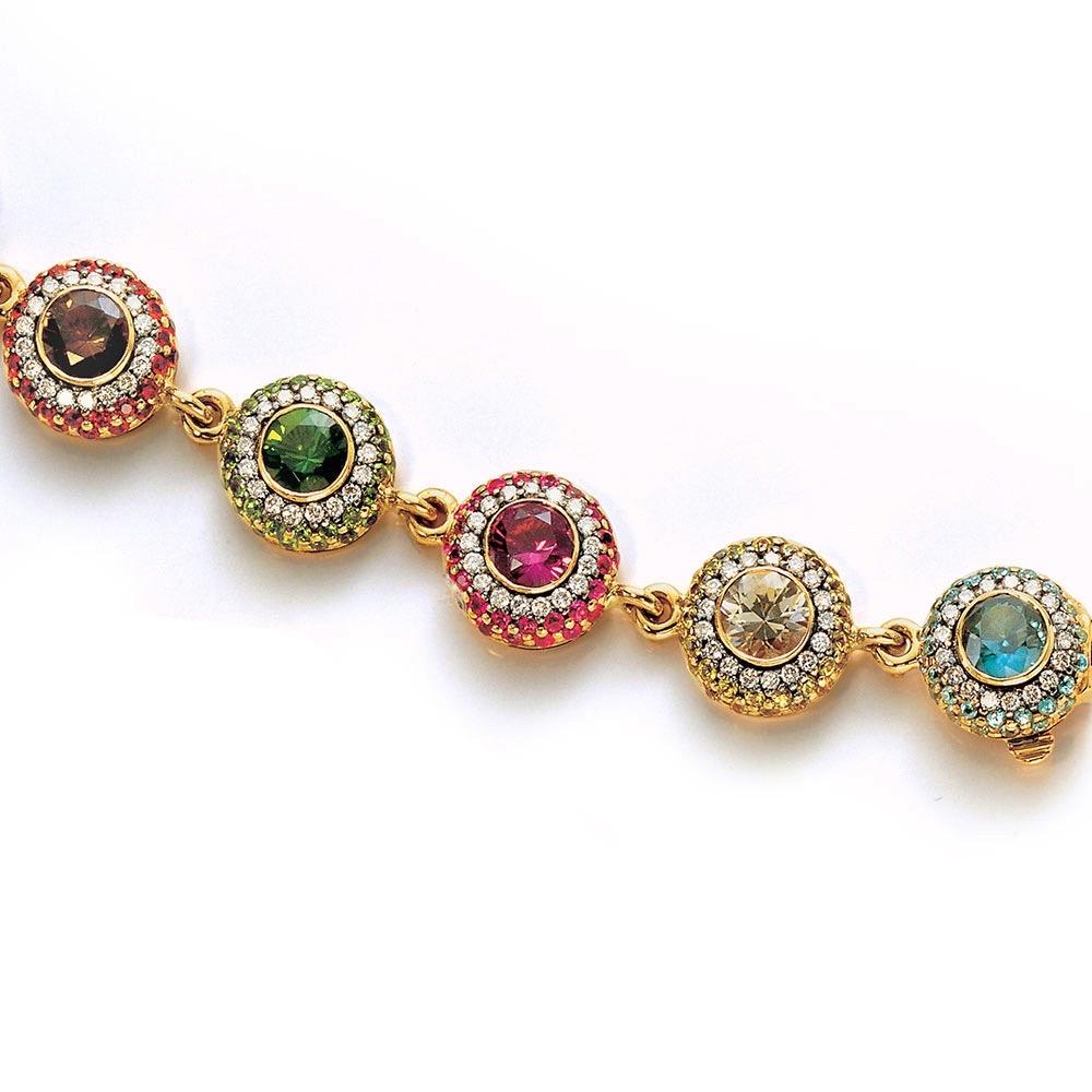 Women's or Men's Zorab 18Kt YG Bracelet with Diamonds, Multicolored Sapphires and Semi Precious For Sale