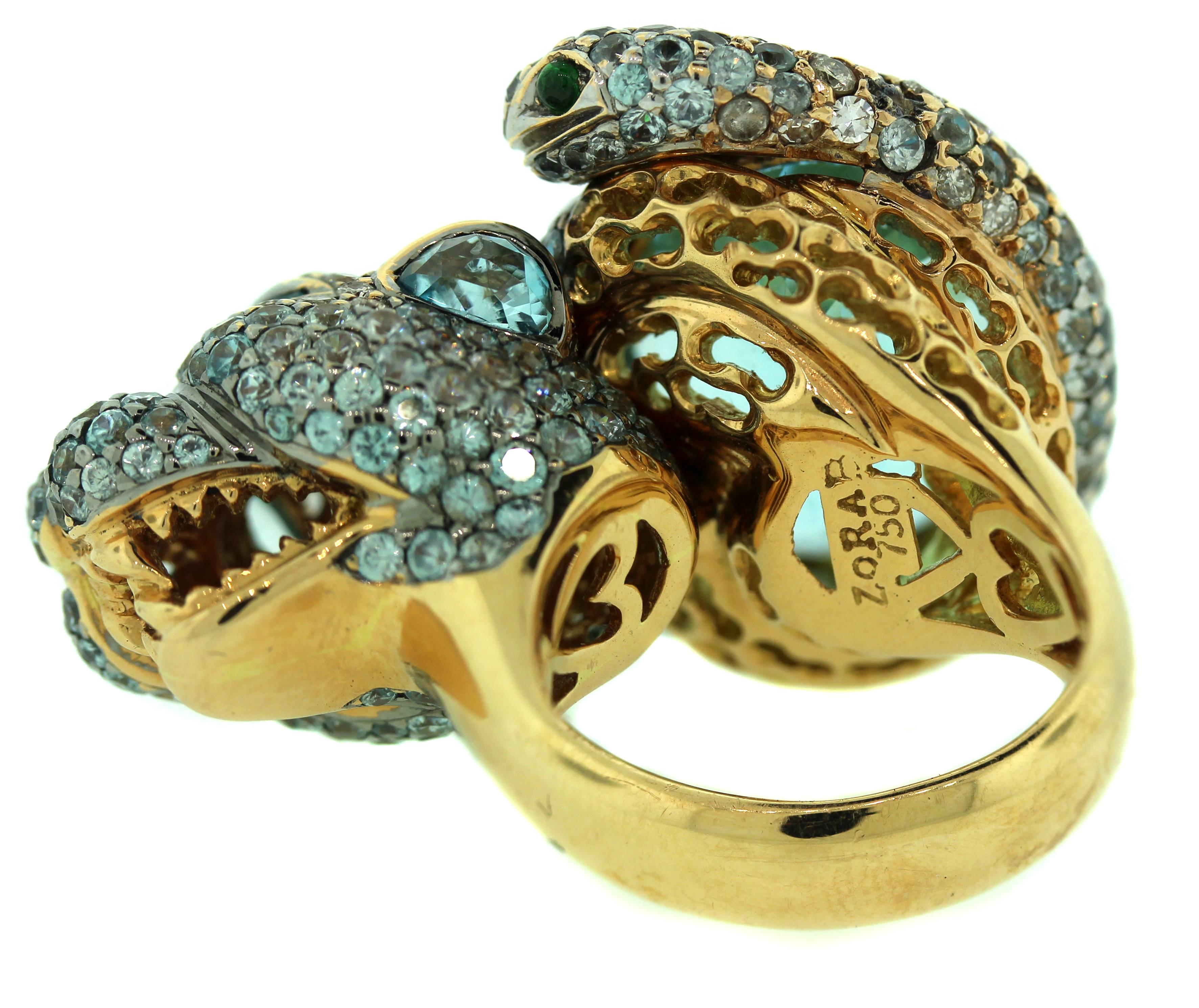 Zorab Aqumarine Shaded Sapphire Diamond Tiger 18K Yellow Gold Ring In Excellent Condition For Sale In Boca Raton, FL