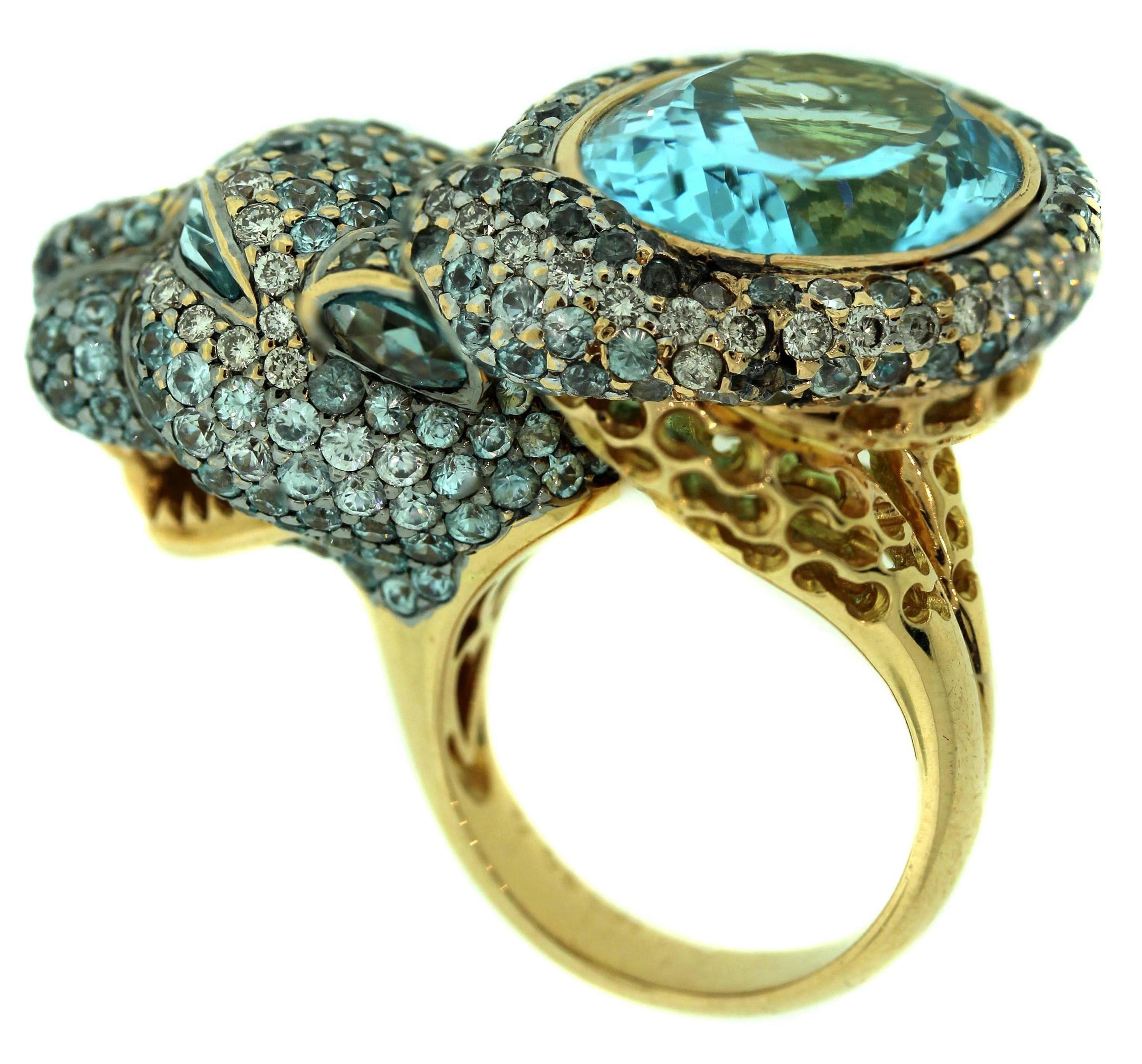 Zorab 18 Karat Gelbgold Ring mit Aqumarin in Form eines Saphirs, Diamant und Tiger Damen im Angebot