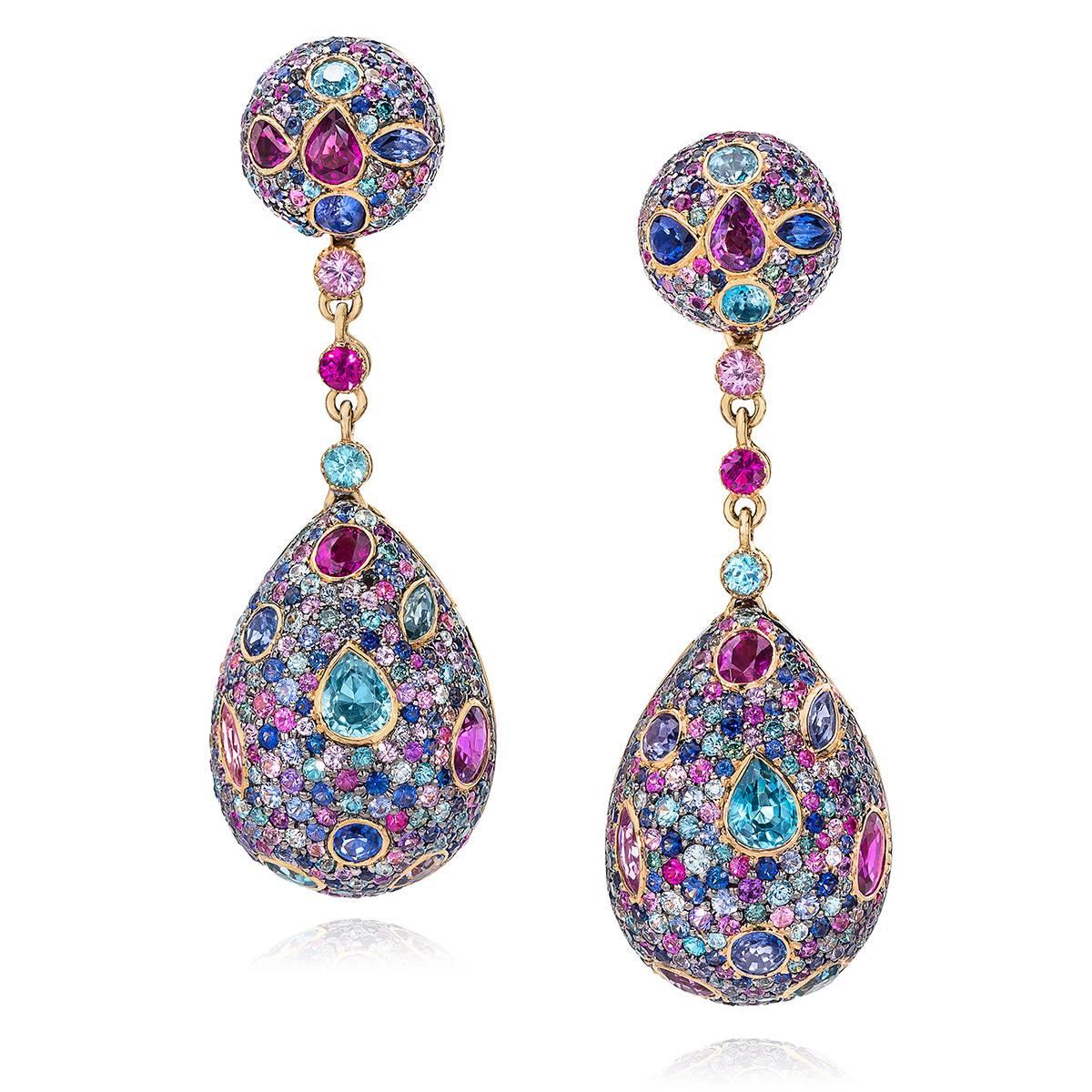 Modern Zorab Creation 12.76 Ct Sapphire and 6.73 Ct Semiprecious Teardrop Earrings For Sale