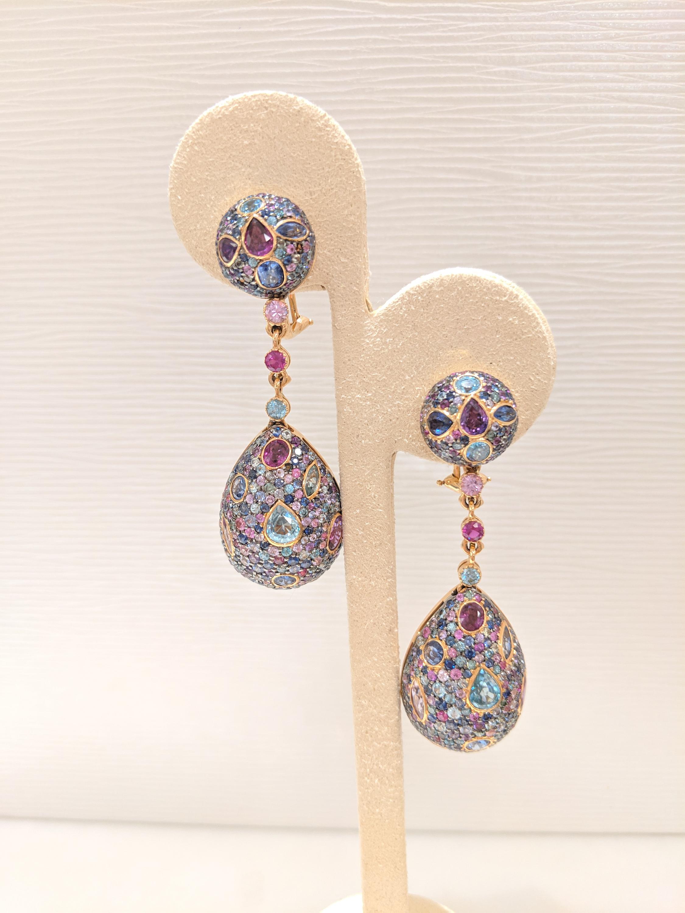 Pear Cut Zorab Creation 12.76 Ct Sapphire and 6.73 Ct Semiprecious Teardrop Earrings For Sale