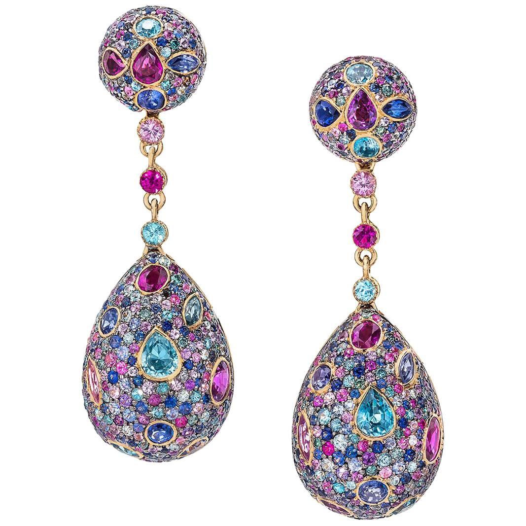 Zorab Creation 12.76 Ct Sapphire and 6.73 Ct Semiprecious Teardrop Earrings