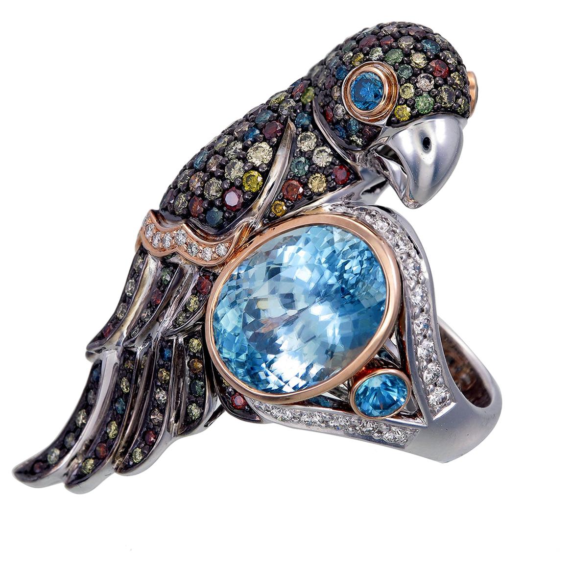 Zorab Creation 13.13 Carat Natural Blue Zircon Bird of Paradise Ring For Sale