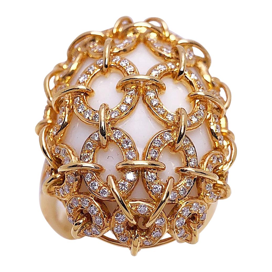 Zorab Creation 18 Karat Yellow Gold, White Opal 39.86 Carat and Diamond Ring