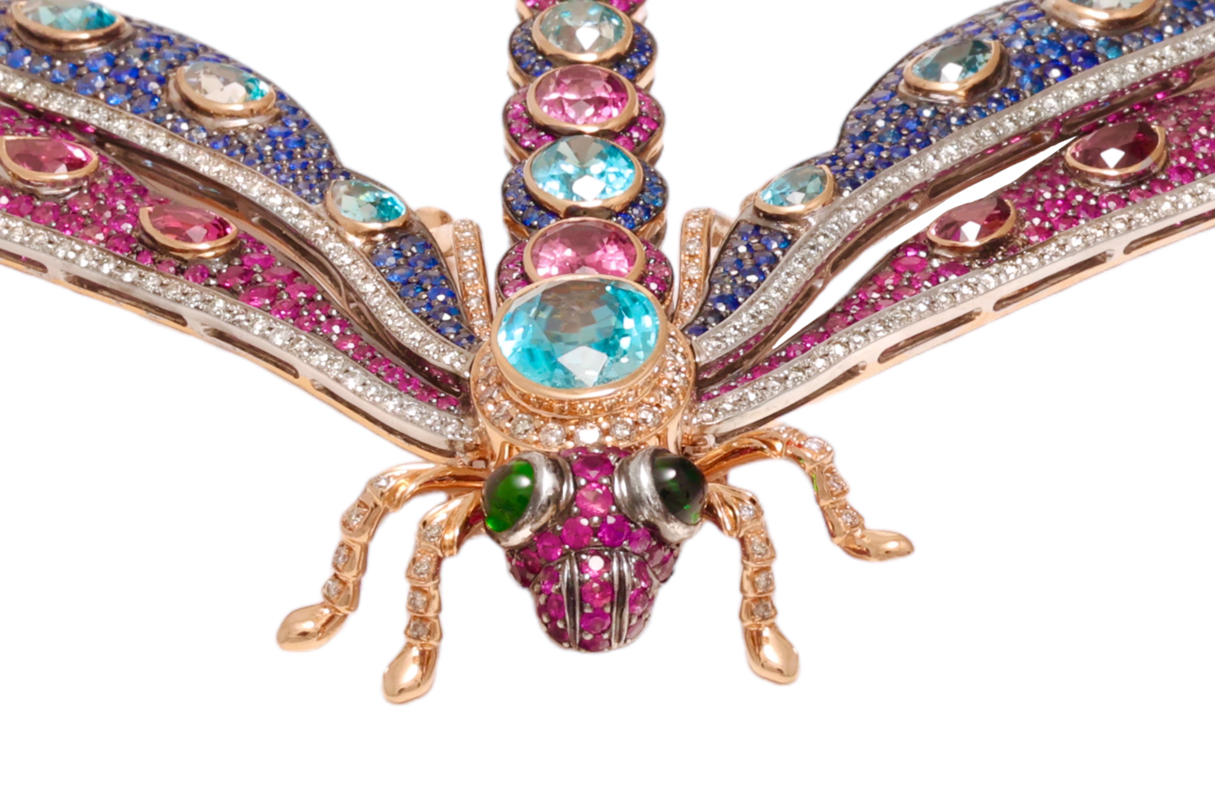 Zorab Creation 18 kt. Gold Necklace Dragonfly Pendant / Brooch Coloured Stones For Sale 5