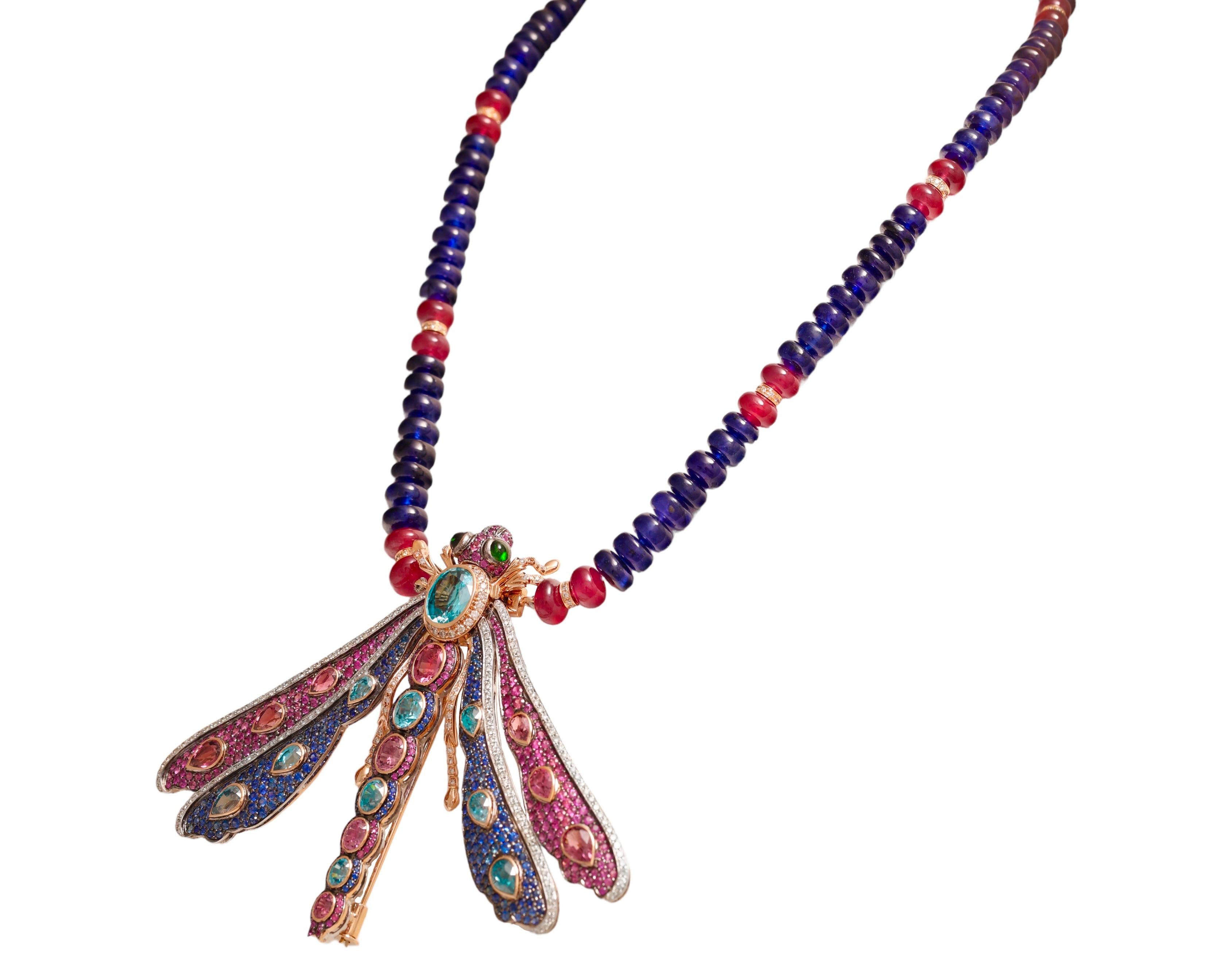 Zorab Creation 18 kt. Gold-Halskette mit Schmetterlingsanhänger / Brosche mit farbigen Steinen (Moderne) im Angebot