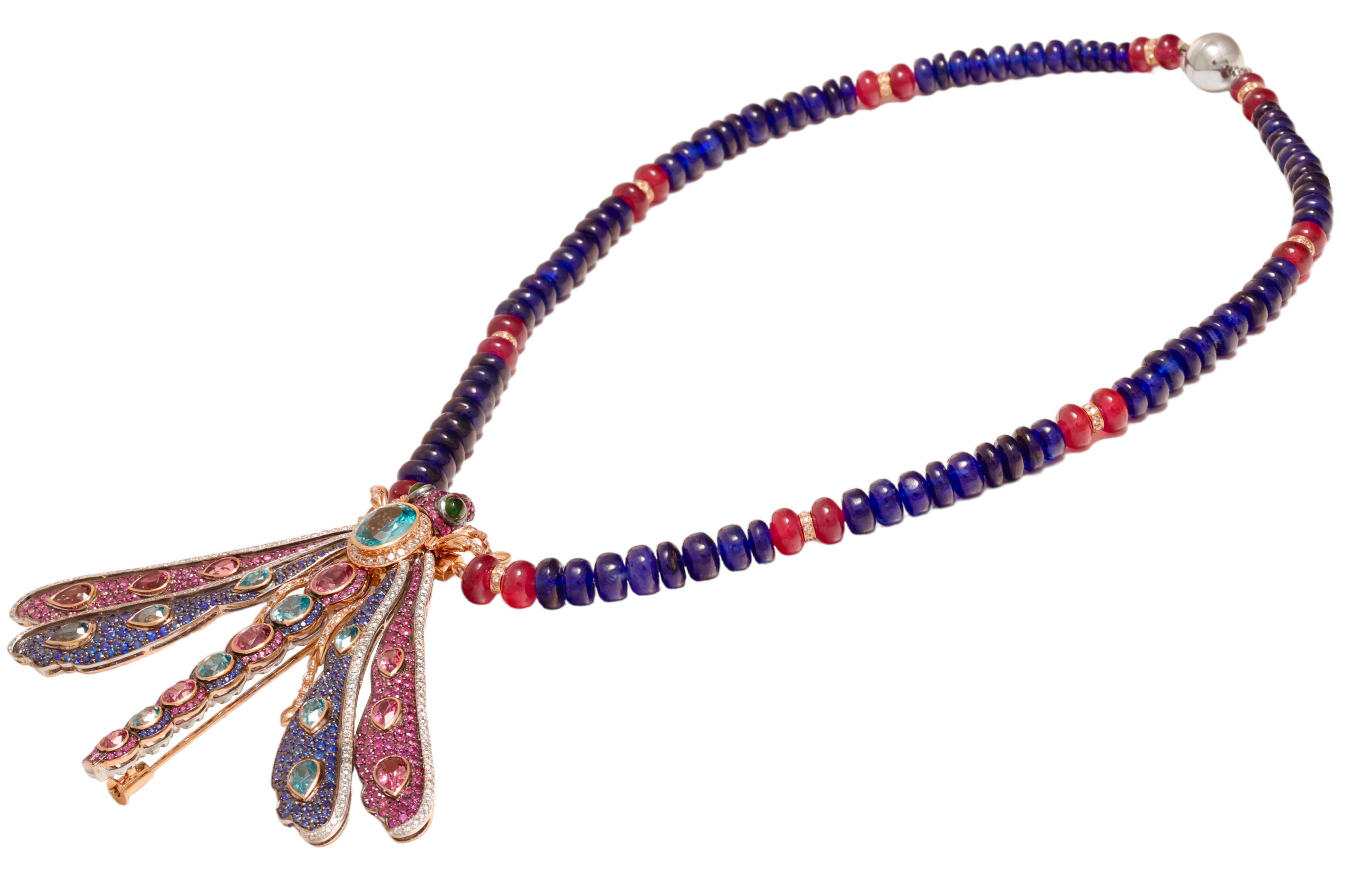 Zorab Creation 18 kt. Gold-Halskette mit Schmetterlingsanhänger / Brosche mit farbigen Steinen (Brillantschliff) im Angebot