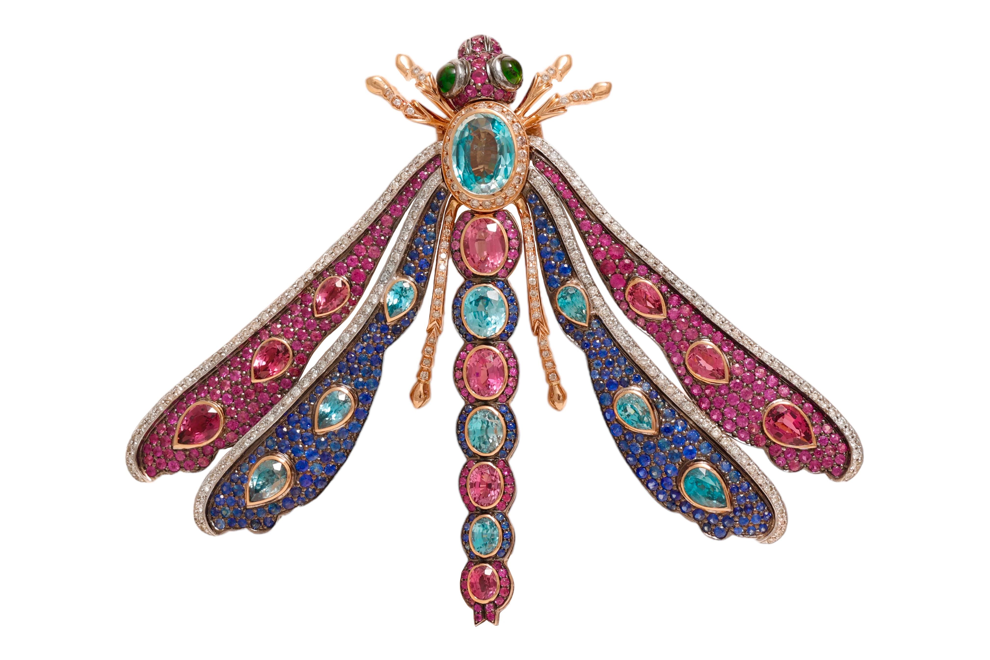 Zorab Creation 18 kt. Gold-Halskette mit Schmetterlingsanhänger / Brosche mit farbigen Steinen für Damen oder Herren im Angebot