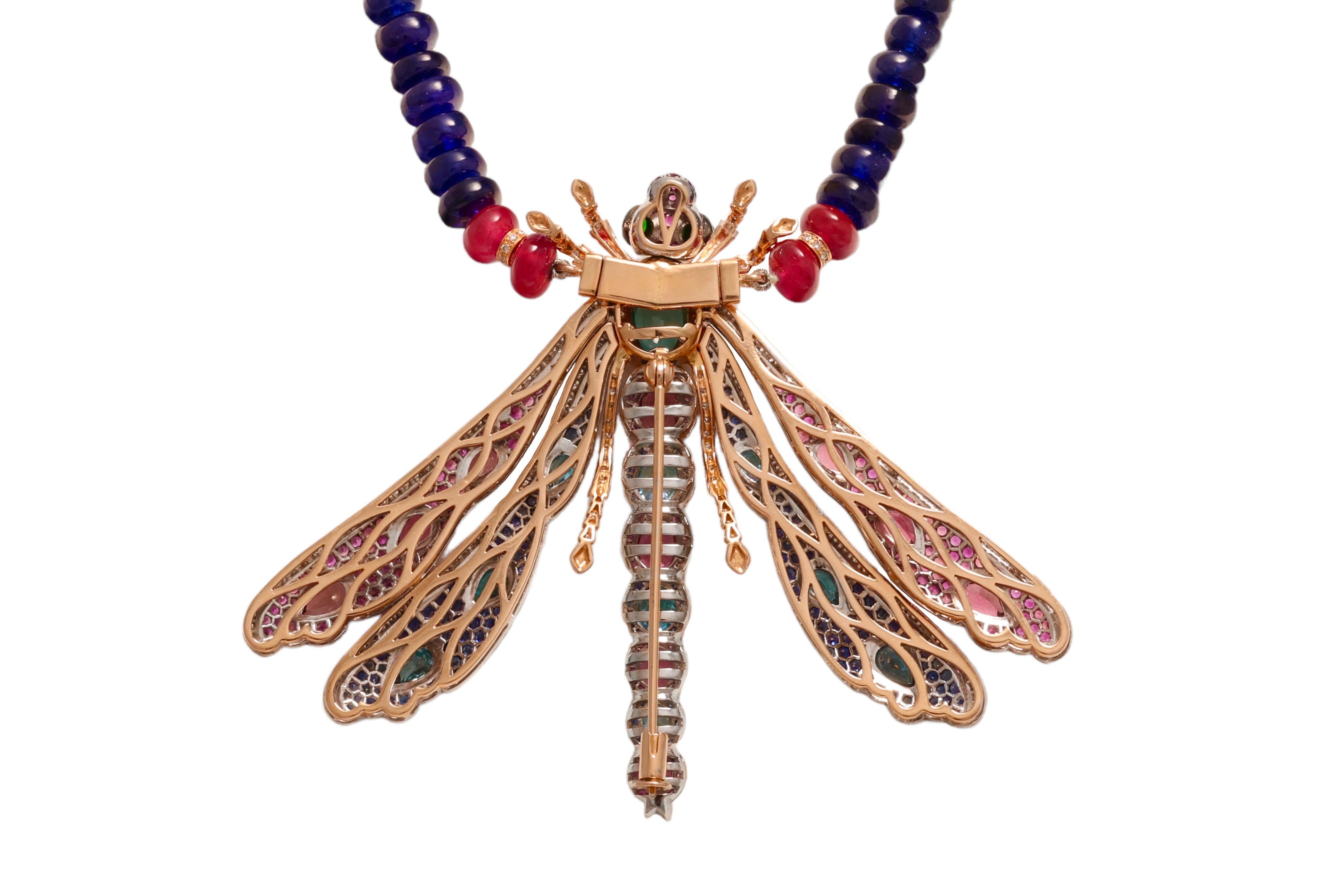 Zorab Creation 18 kt. Gold Necklace Dragonfly Pendant / Brooch Coloured Stones For Sale 2