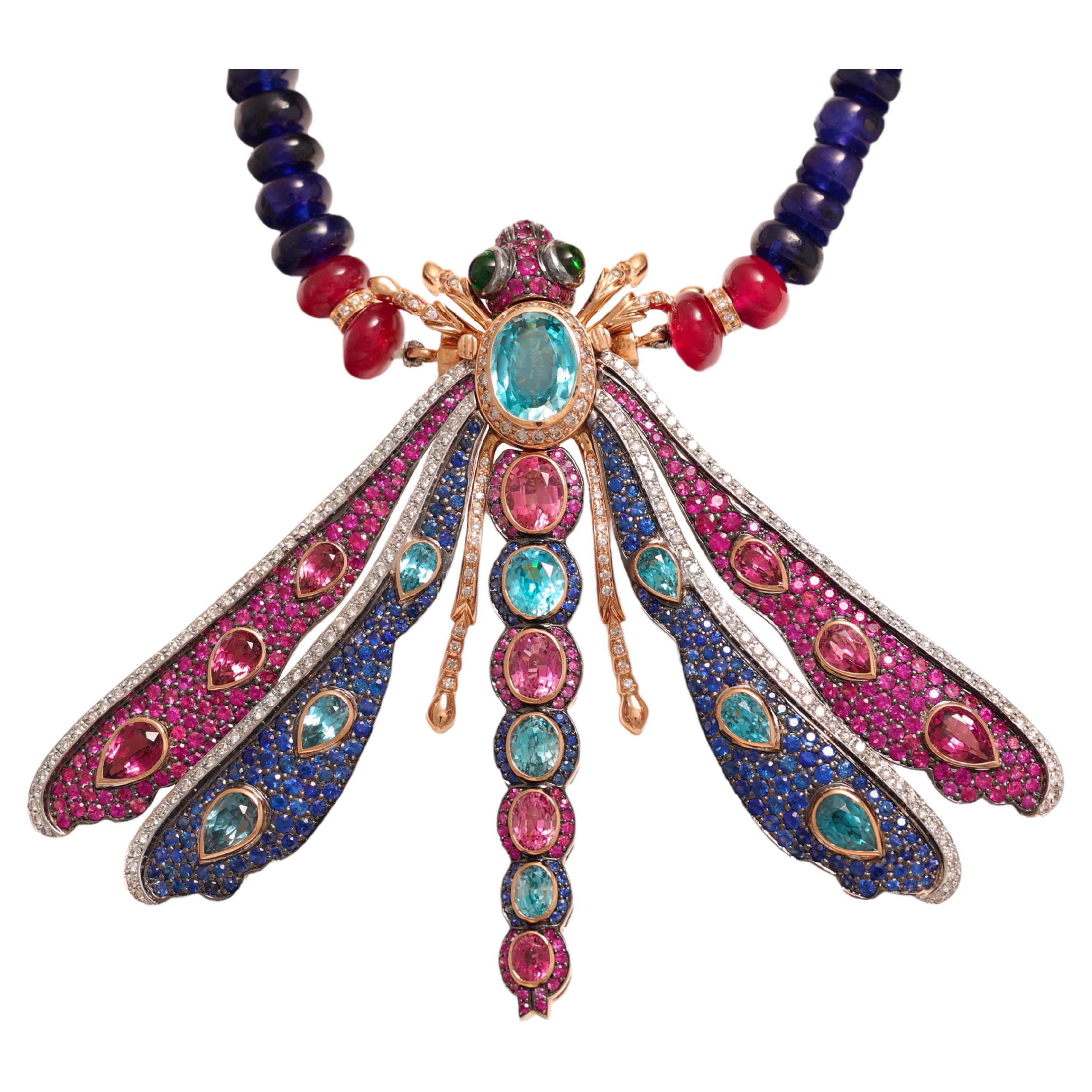 Zorab Creation 18 kt. Gold Necklace Dragonfly Pendant / Brooch Coloured Stones For Sale