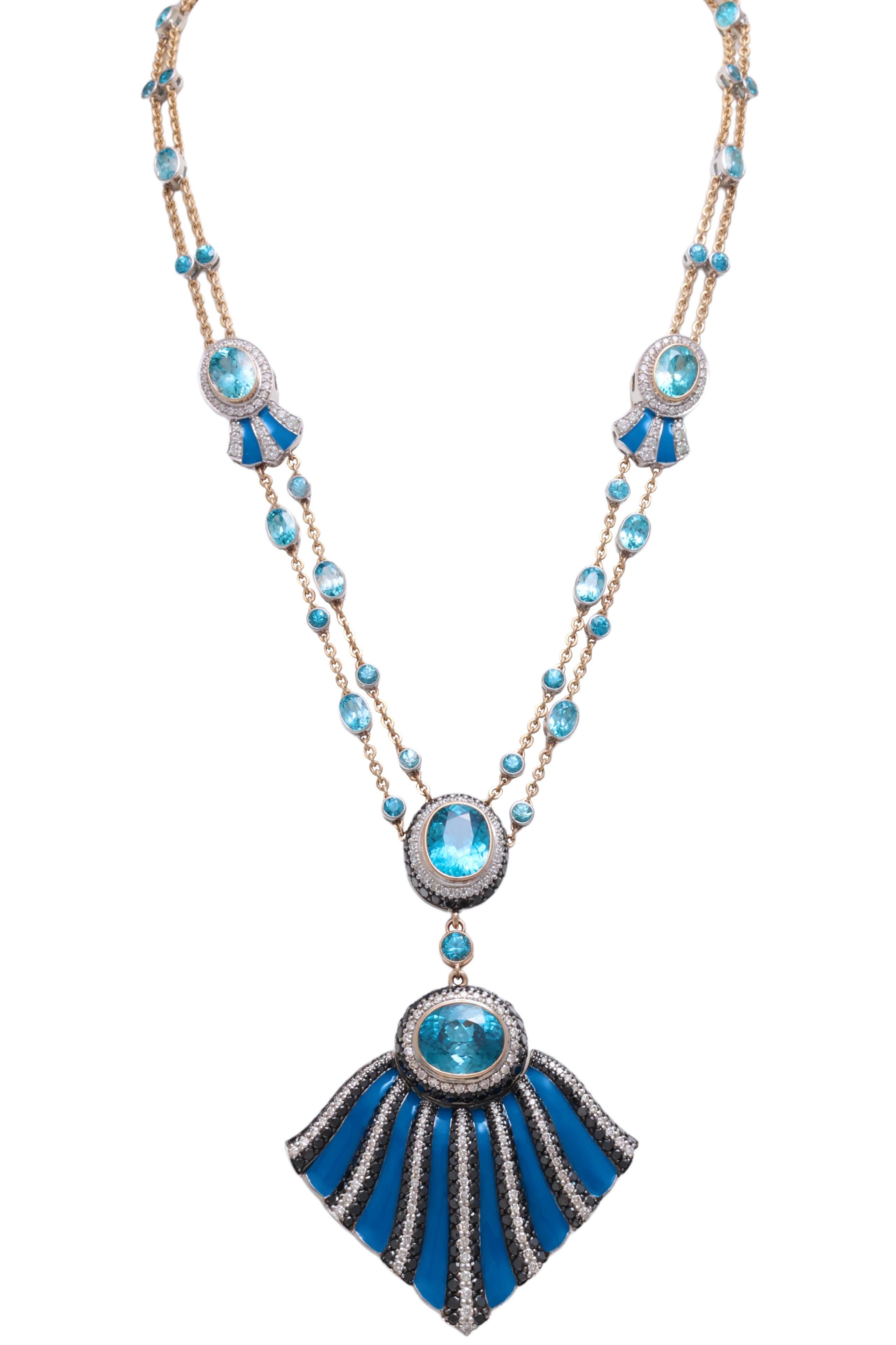 Zorab Creation 18 kt. Gold Necklace Handcrafted With 8 ct. Black / White Diamonds, 37 ct. Blue Topaz Gemstones,  Blue enamel 

One of a kind completely handcrafted piece of art !

Topaz: blue topaz gemstone together 37 ct.

White diamonds: White