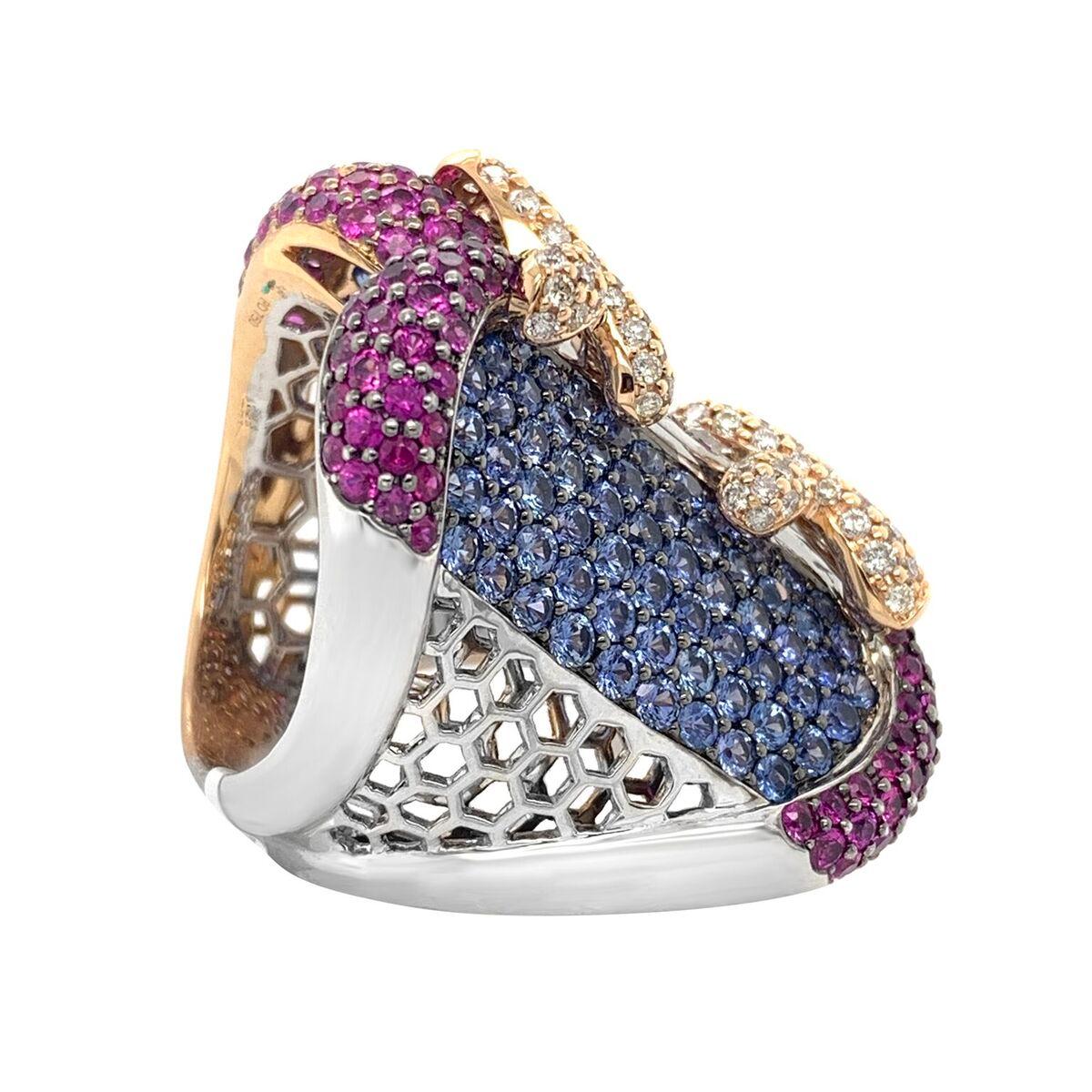 Designer: Zorab
Metal: 18k Palladium
Ring Size: 8
Gemstone: Sapphire, Diamond
Sapphire Weight: 6.09 CT
Pink Sapphire Weight: 4.16 CT
Diamond Weight: 1.24 CT
CSR1097