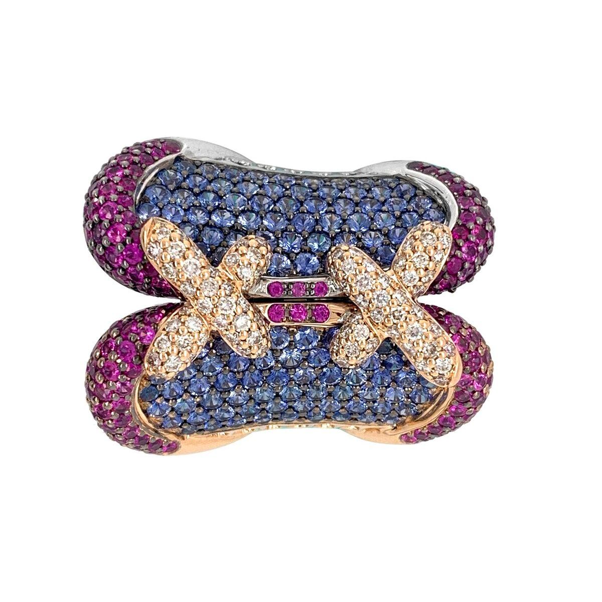 Women's Zorab Creation 18 Karat Palladium Pink and Blue Sapphire Diamond Ring For Sale