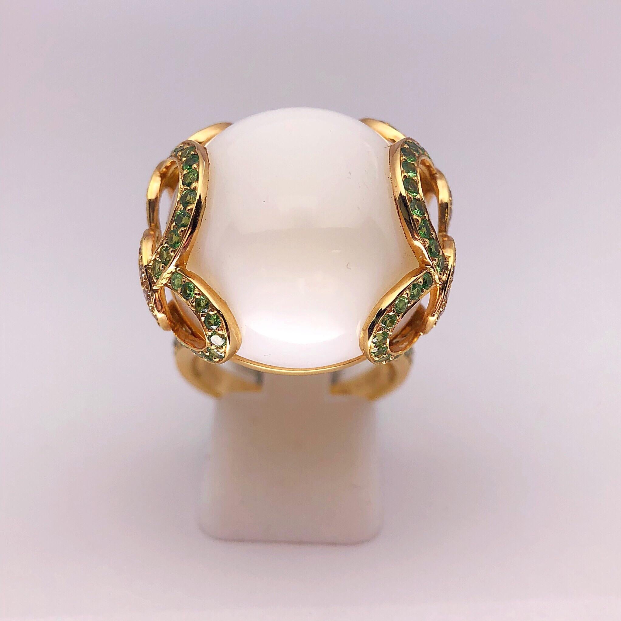 Women's or Men's Zorab Creation 18 Karat Gold, 37.89 Carat White Opal, Tsavorite and Diamond Ring For Sale