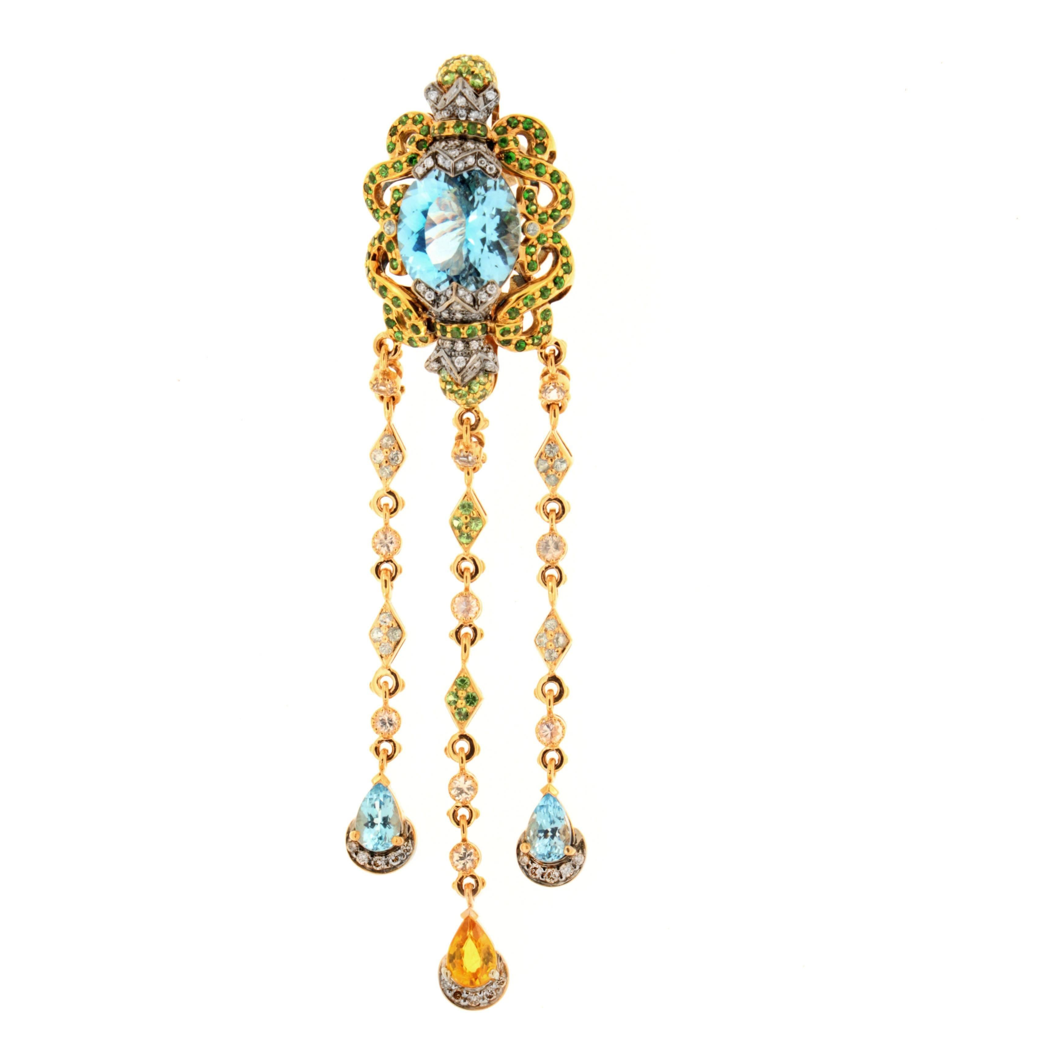 As a woman moves and sways during her day, so do her dangling chandelier earrings from Zorab Creation. Made from 18kt Gold and featuring 20.74 Carats of Blue Topaz as the Center Stones, this delicate yet heavenly design incorporate 4.20 carats of