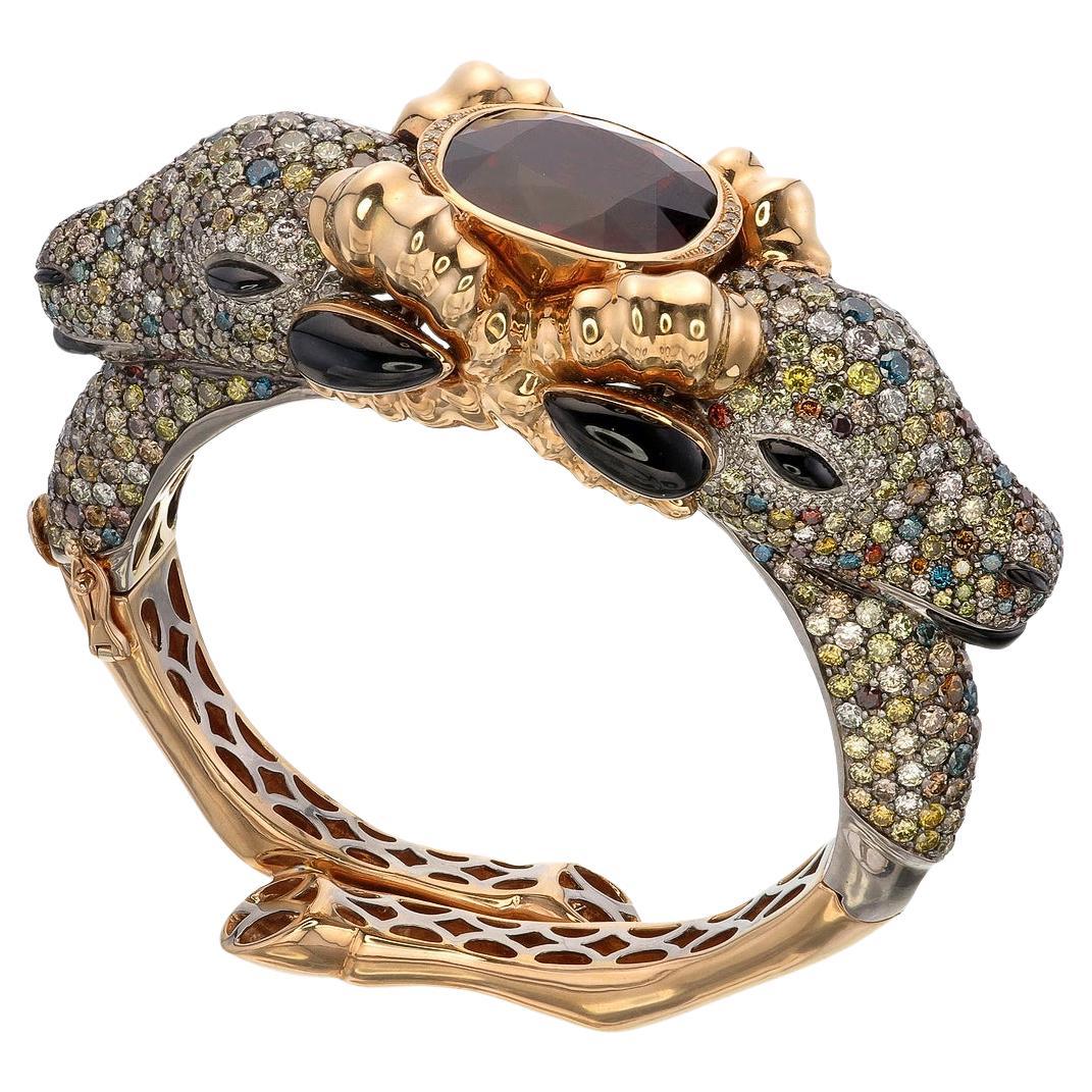 Zorab Creation 25.68-Carat Fancy Diamonds Intense Two-Faced Rams Bangle For Sale