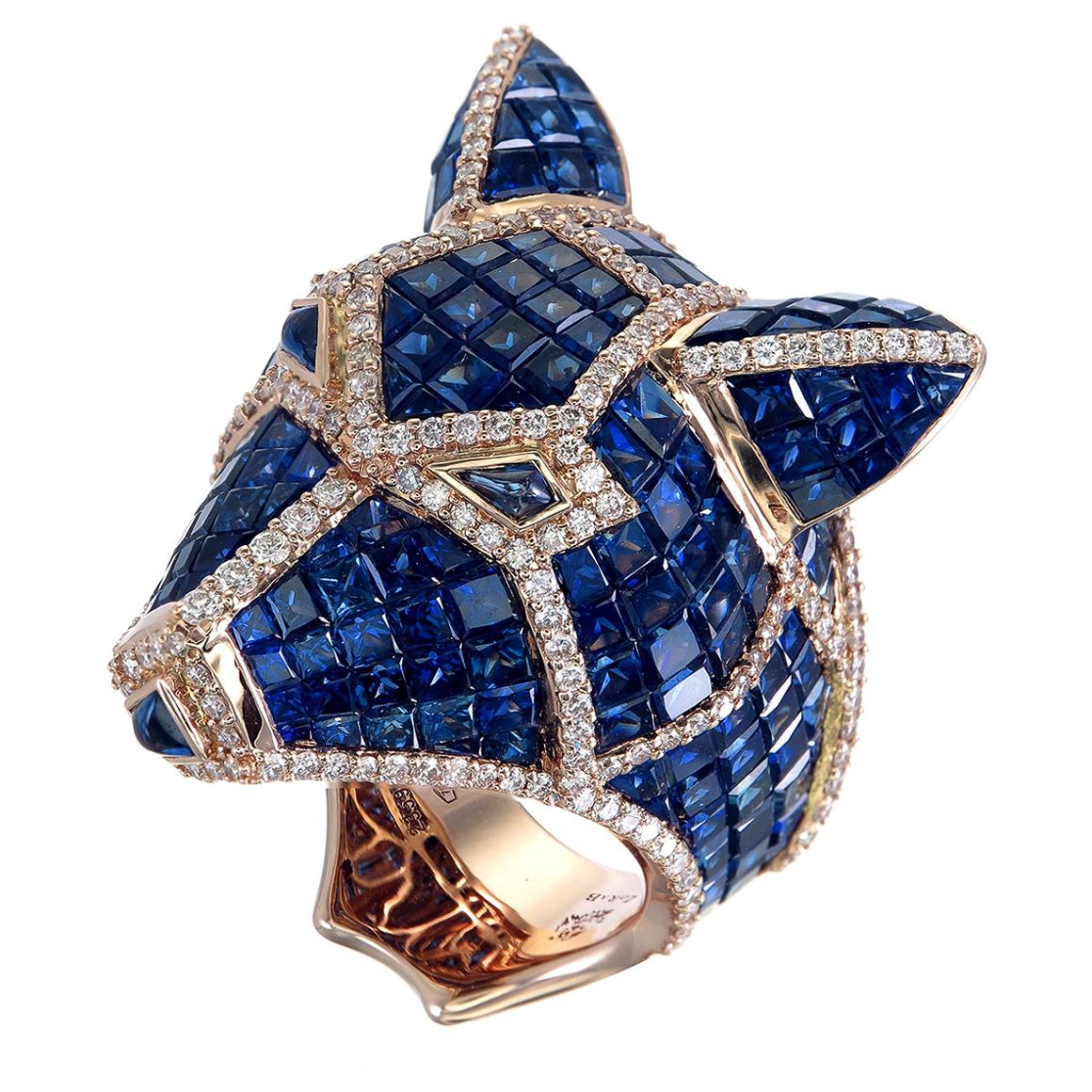 Zorab Creation 39.05 Carat Blue Sapphhire and Diamond Blue Bear Ring