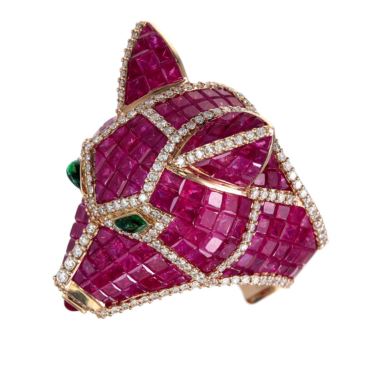 Art Nouveau Zorab Creation 44.29-Carat Ruby and Diamond Red Bear Ring For Sale