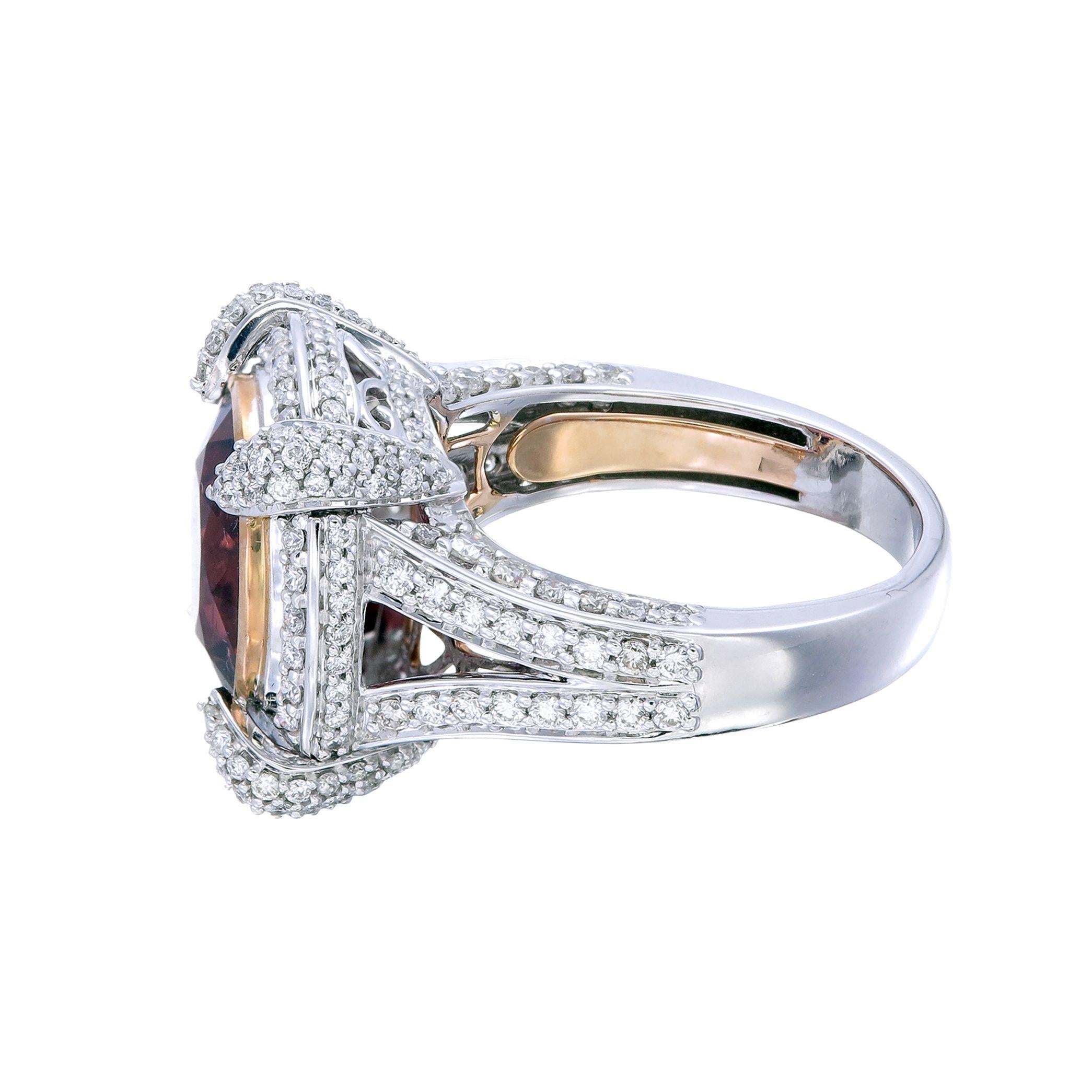 Round Cut Zorab Creation 4.81 Carat Red Tourmaline and Diamond Sangria Ring For Sale