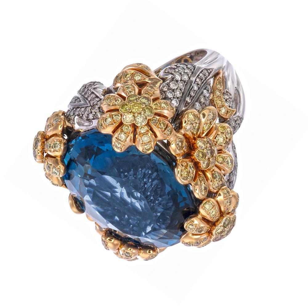 Aesthetic Movement Zorab Creation 57.21-Carat Blue Topaz Flowers Ring with Yellow and White Diamond For Sale