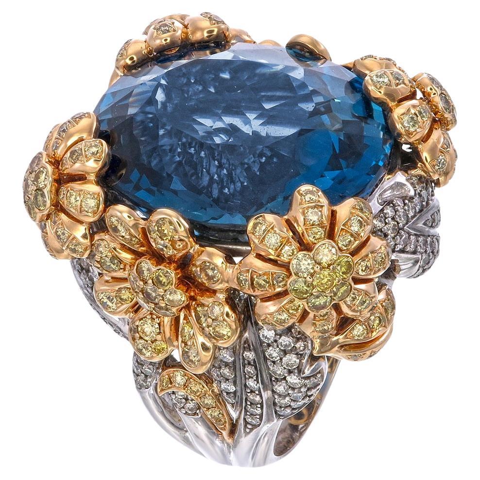 Zorab Creation 57.21-Carat Blue Topaz Flowers Ring with Yellow and White Diamond For Sale