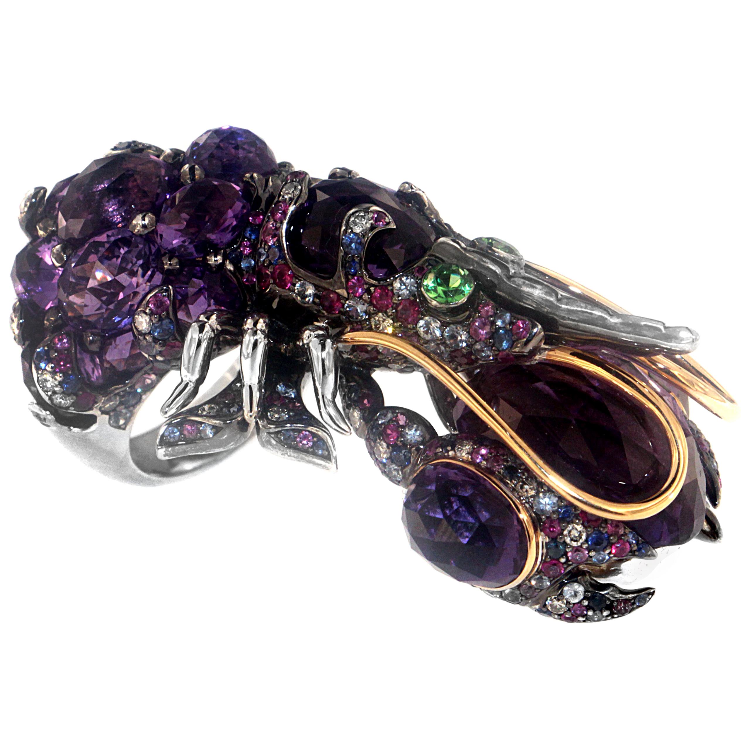 Zorab Creation 59.69 Carat Amethyst, Sapphire and Diamond Rock Lobster Ring For Sale