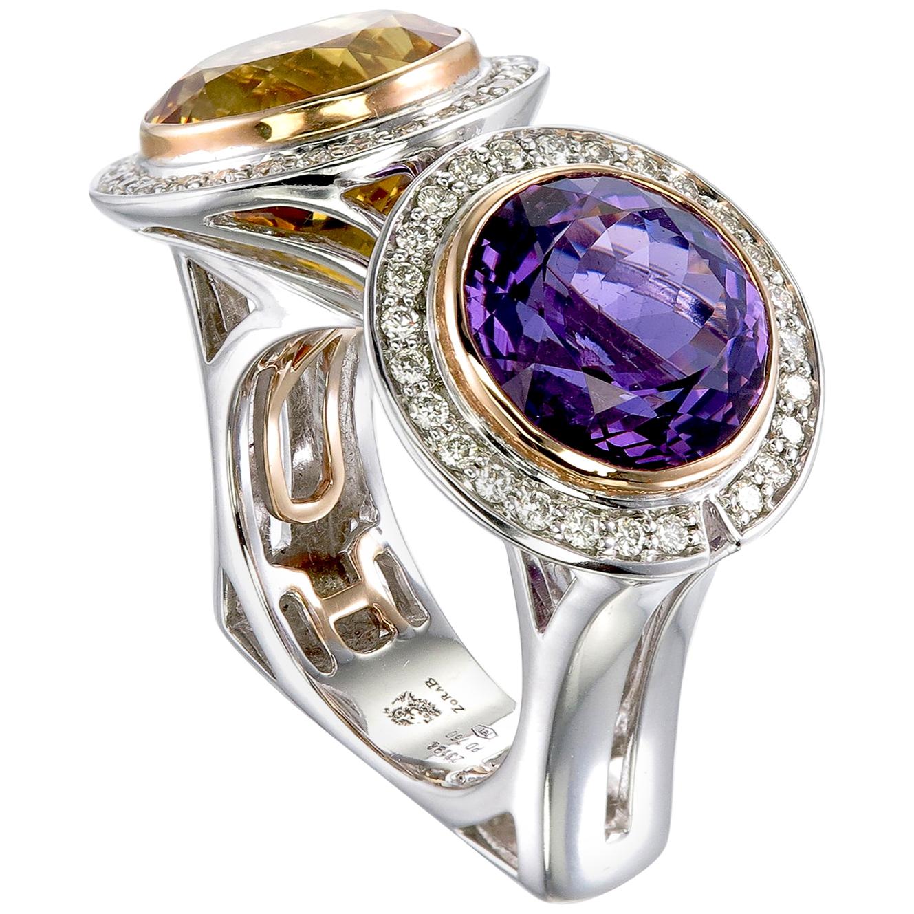 Zorab Creation Amethyst and Citrine Couple Mignone Ring For Sale