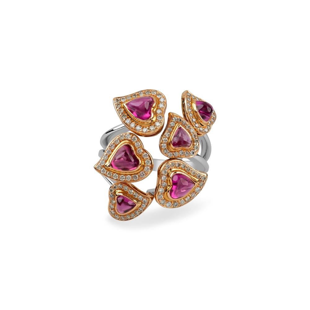 Why give a loved one your heart when you can give them six? This stunning and unusual design features 6 separate pink tourmaline hearts totaling 3.30 carats and each individual heart is housed within a stunning 0.58 carats of white diamond trim. The