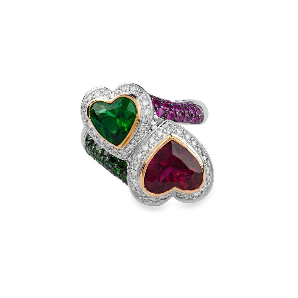 Zorab Creation Apetitie Tsavorite Diamond  Holiday Twin Heart Ring In New Condition In San Diego, CA