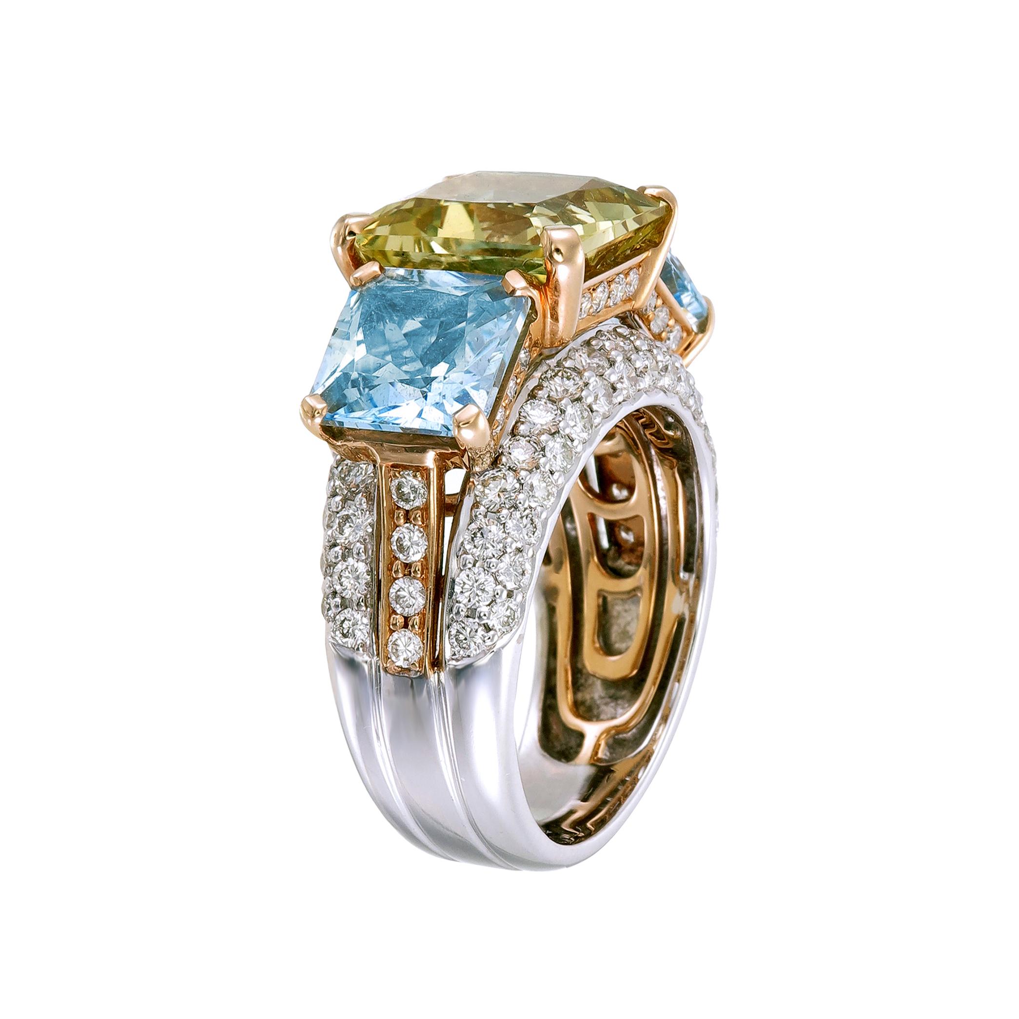 A bold, colorful and sophisticated three-stone ring featuring a 5.06-carat yellow beryl flanked by two 3.63-carat aqua beryls and further adorned with 1.58-carat diamond pavé. The gems are mounted on finely crafted 18k rose gold and palladium.