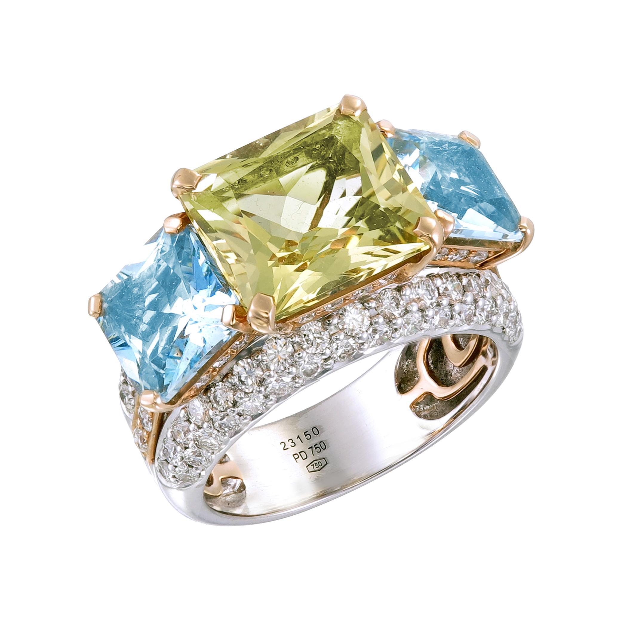 Art Nouveau Zorab Creation Aquamarine and Diamond Les Trois Carres Ring For Sale