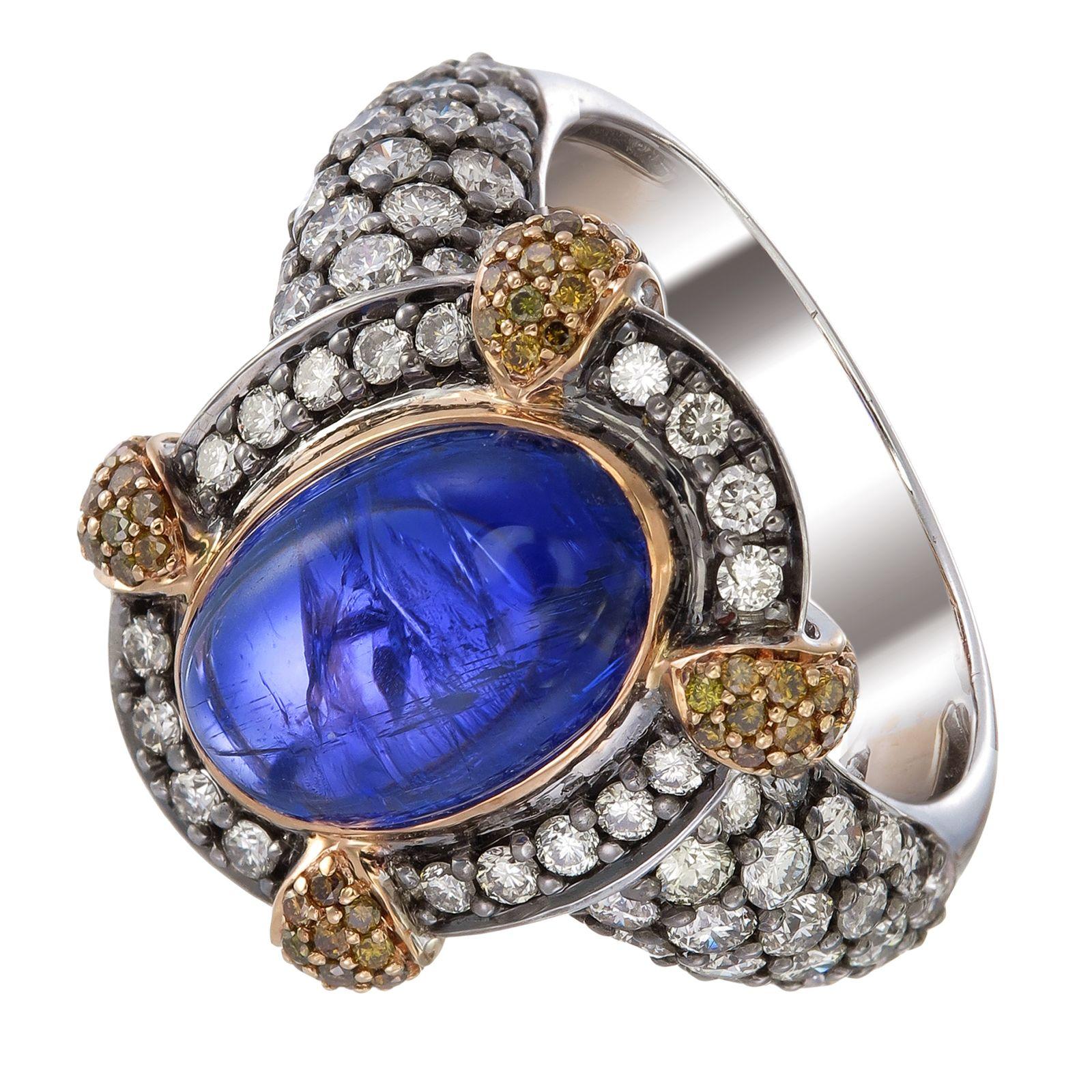 Art nouveau Zorab Creation Bleu Royal Bague avec tanzanite de 6,81 carats et diamants fantaisie en vente