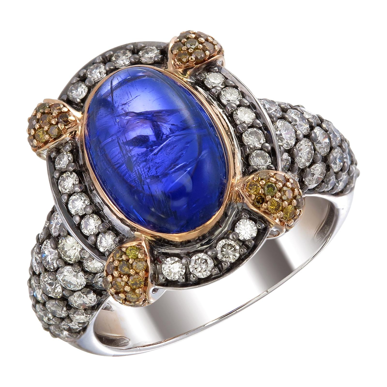 Zorab Creation-Bleu Royal 6.81 Carat Tanzanite and Fancy Diamond Ring For Sale