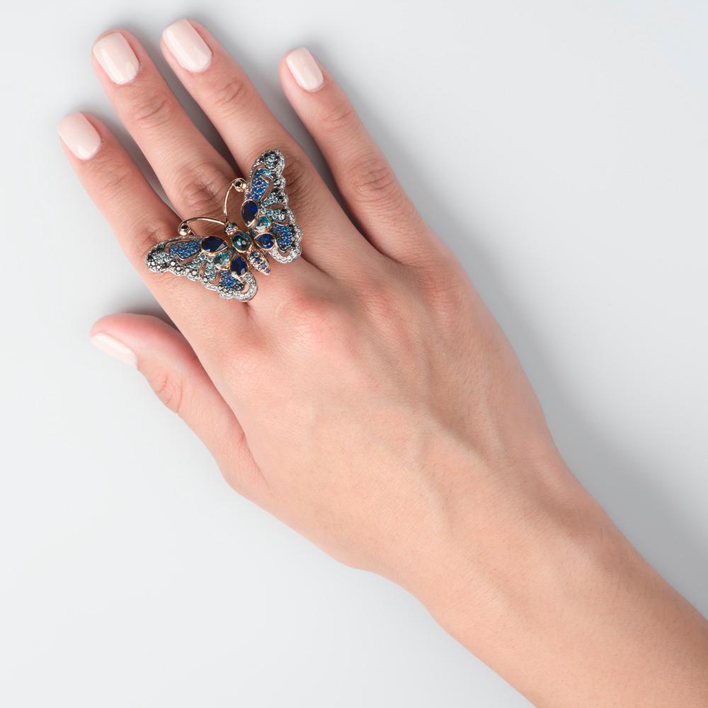 Zorab Creation Schmetterlingsring mit blauem Saphir und Diamant-Glieder (Brillantschliff) im Angebot