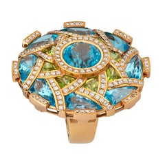 Zorab Kreation Blauer Topas Peridot und weißer Diamant Cocktail-Ring