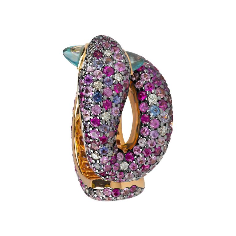 Zorab Creation Blue Zircon, Pink Sapphire and White Diamond Serpent Ring For Sale